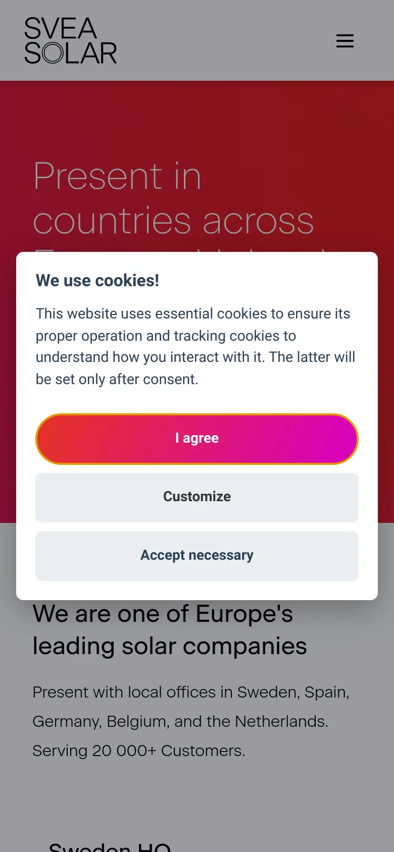 The mobile version displays a single-column layout with the red hero section at the top and contact information stacked vertically. A large cookie consent modal dominates the center of the screen, obscuring most of the content. The navigation is condensed into a hamburger menu icon in the top right.
