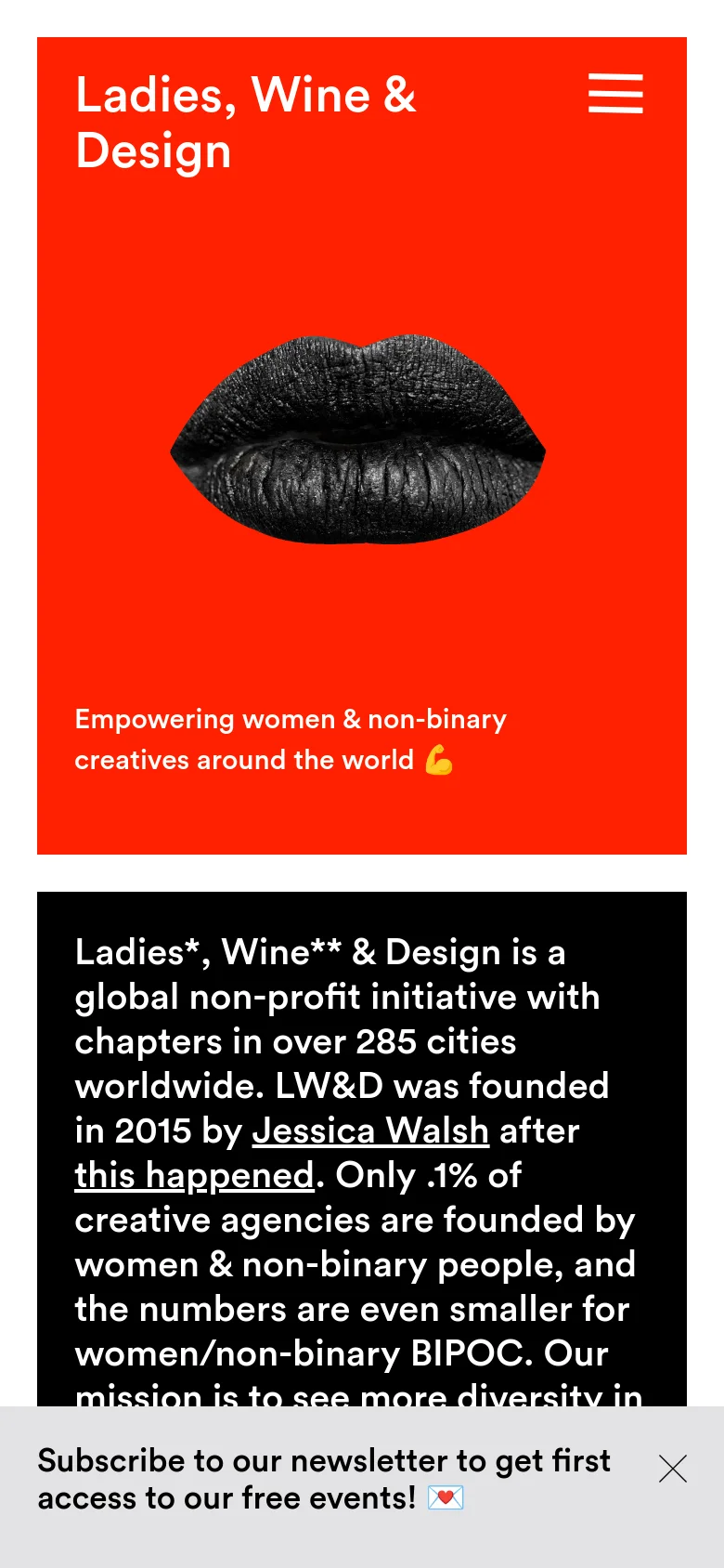 The mobile version maintains the vibrant red header and dark lip hero imagery but scales the layout vertically. The text 'Ladies, Wine & Design' and the mission statement are stacked, and a bottom banner appears for newsletter subscription with a close icon.