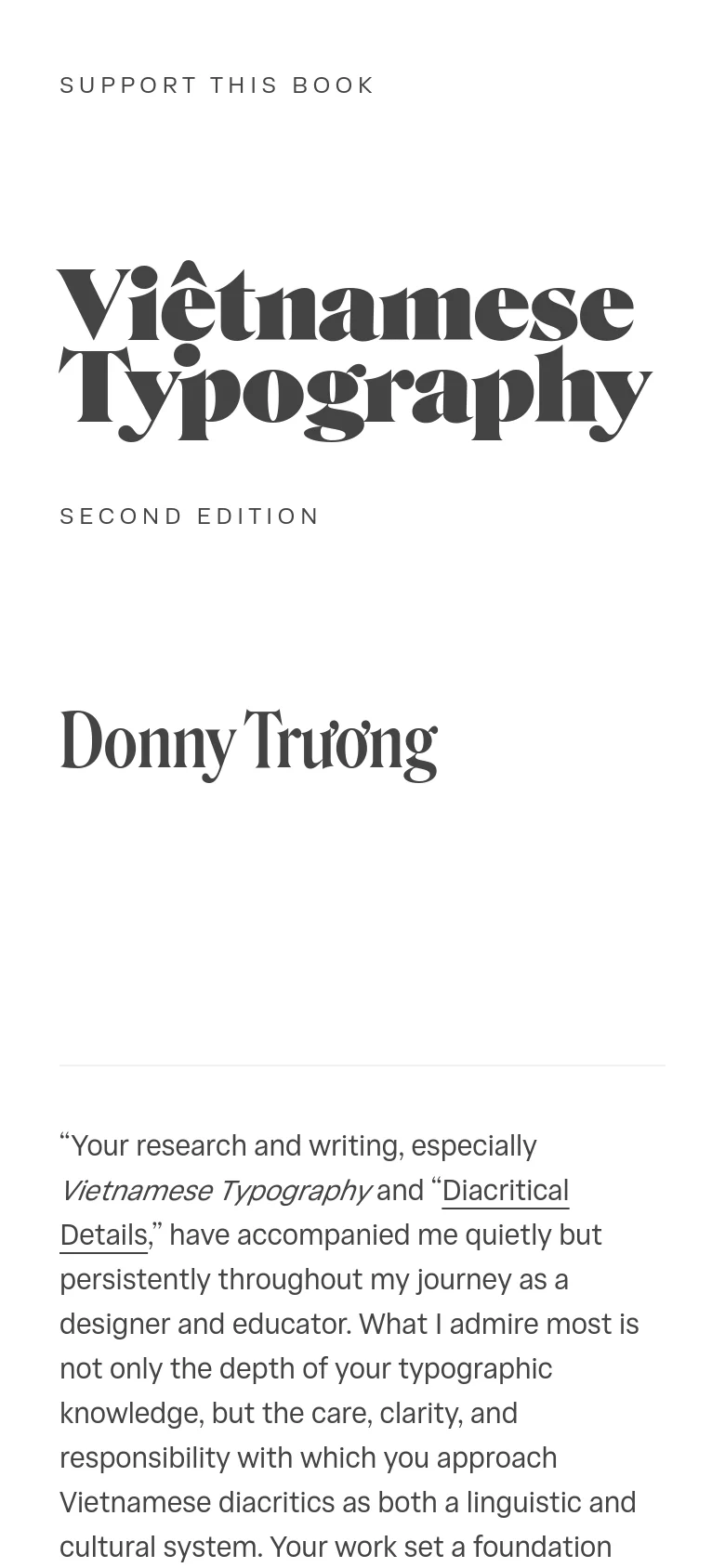 The mobile version maintains the minimalist white and dark gray color scheme but uses a single-column vertical layout. The large 'Vietnamese Typography' headline and author name are centered, and the testimonial quotes are stacked vertically for easier reading on a narrow screen.