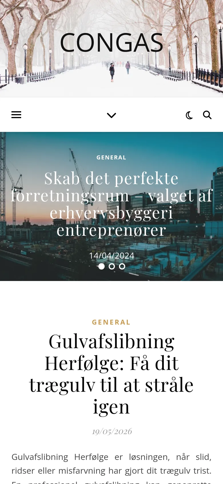 The mobile version maintains the snowy park hero image and 'CONGAS' branding but uses a condensed navigation bar with a hamburger menu, a dropdown arrow, and search/dark mode icons. The layout shifts to a single-column view, prioritizing the large featured article image and headline at the top of the scroll.