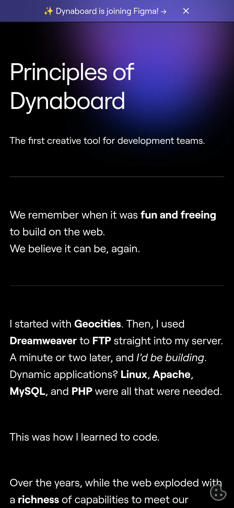 The mobile version maintains the dark theme and purple gradient but uses a more compact, vertically stacked layout. The text is centered and scaled for a smaller screen, ensuring readability of the headlines and body paragraphs.