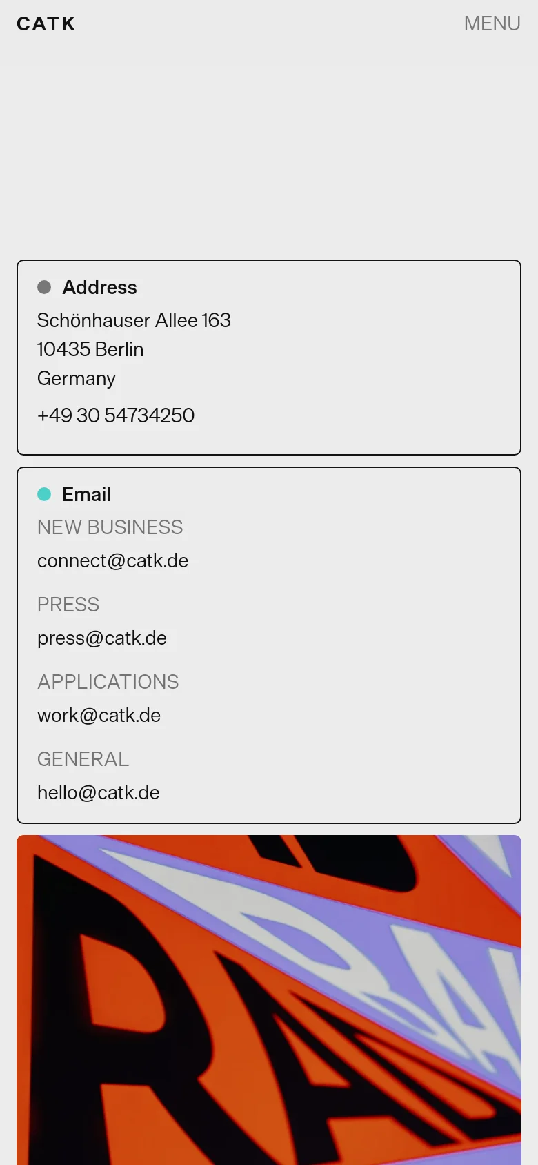 The mobile version uses a vertical stack of the same bordered modules, prioritizing readability on a narrow screen. The large abstract image is positioned below the contact modules, and the navigation menu is condensed, maintaining the clean, high-contrast aesthetic of the desktop site.