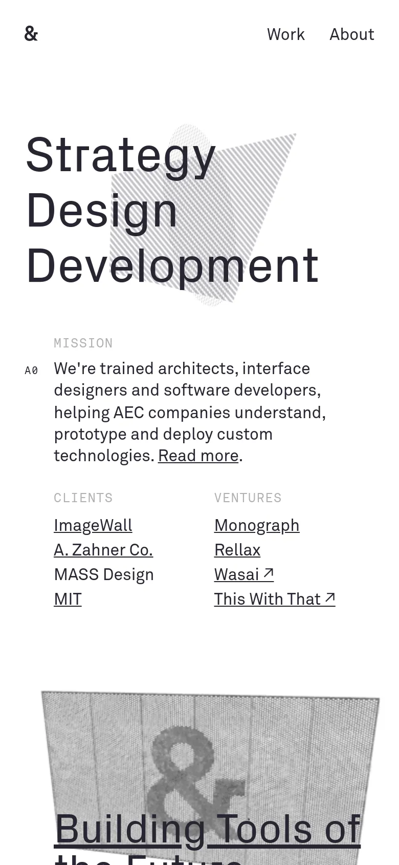 The mobile version presents a single-column vertical layout optimized for smaller screens. The large headline is stacked, followed by the mission statement and lists for clients and ventures arranged sequentially. The navigation menu is simplified, and the geometric background elements are scaled down to fit the narrow viewport.