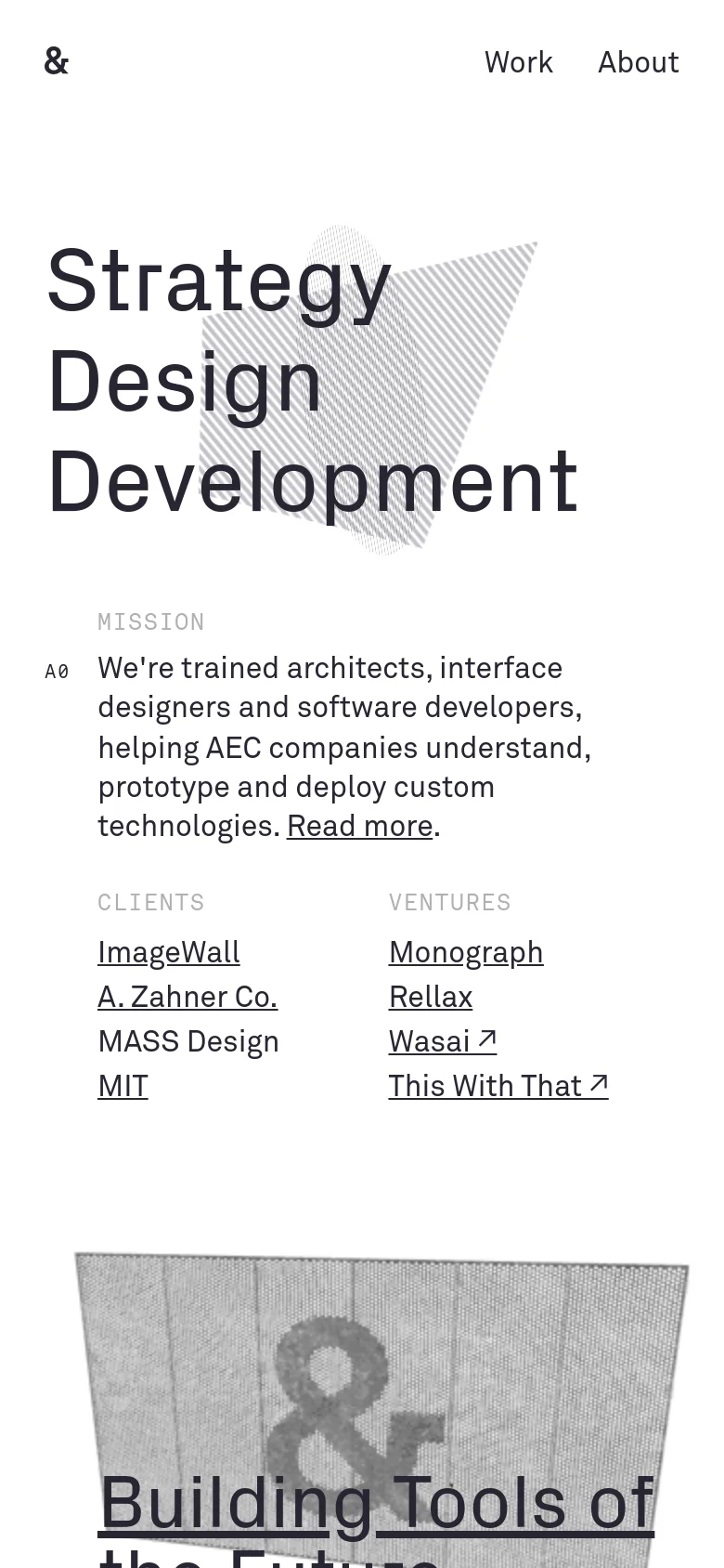 The mobile version presents a single-column vertical layout optimized for smaller screens. The large headline is stacked, followed by the mission statement and lists for clients and ventures arranged sequentially. The navigation menu is simplified, and the geometric background elements are scaled down to fit the narrow viewport.