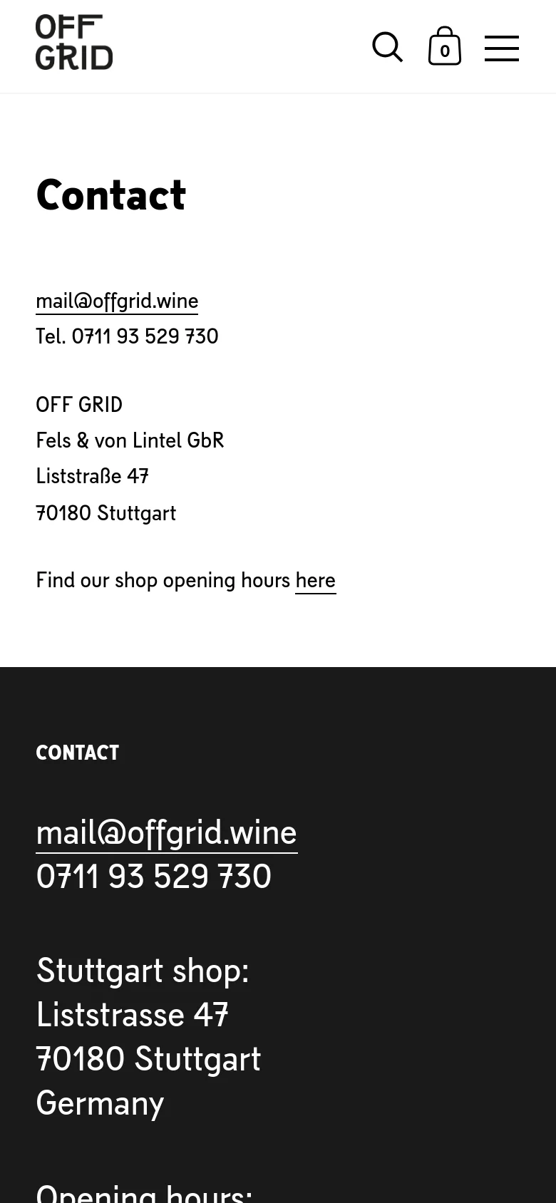 The mobile version presents a simplified vertical layout with a top header containing the logo, search icon, shopping bag, and a hamburger menu. The contact information, including email, phone, and address, is centered on a white background, followed by a dark footer containing service links and additional contact details.