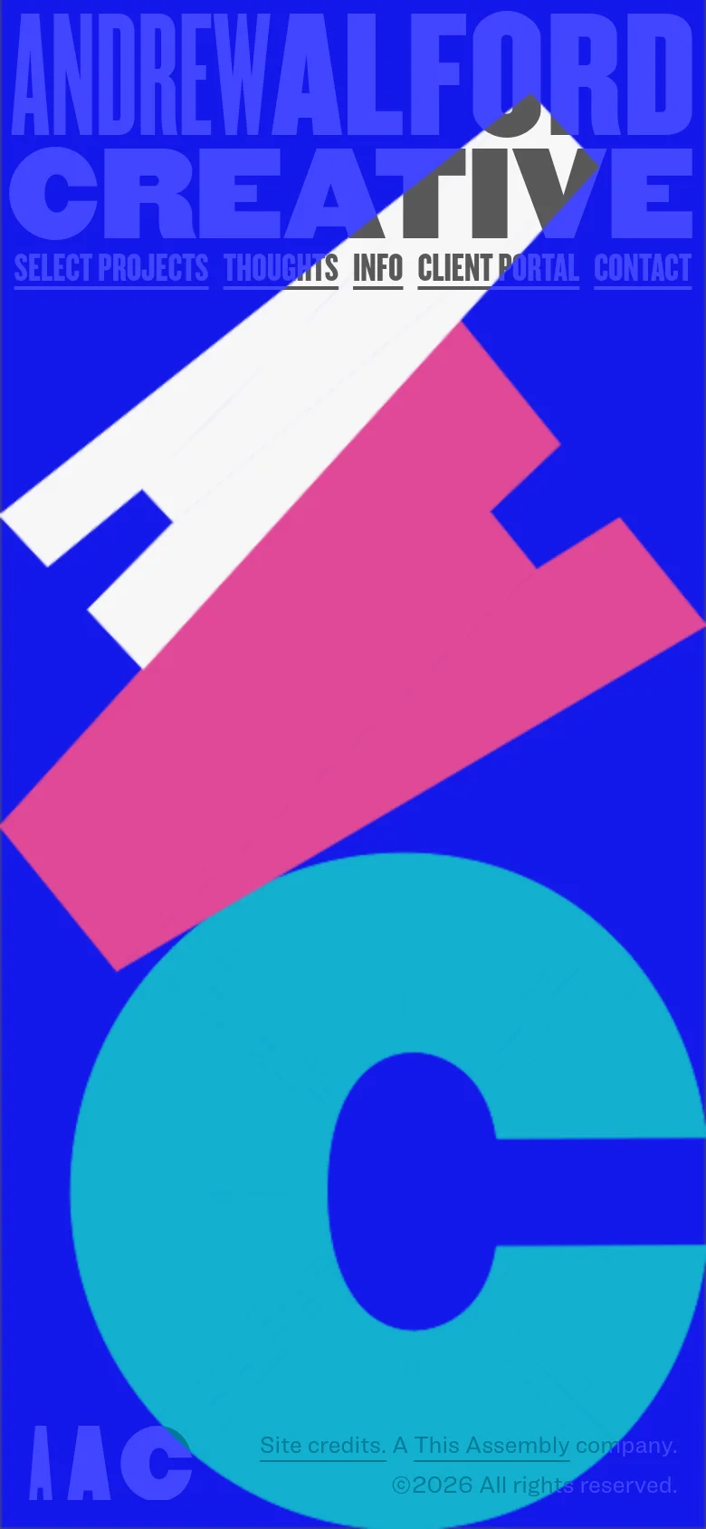 The mobile version maintains the high-contrast, colorful aesthetic but reconfigures the layout for a vertical orientation. The large typography is stacked, and the navigation links are condensed, while the dominant color palette of blue, pink, and cyan remains consistent with the desktop experience.