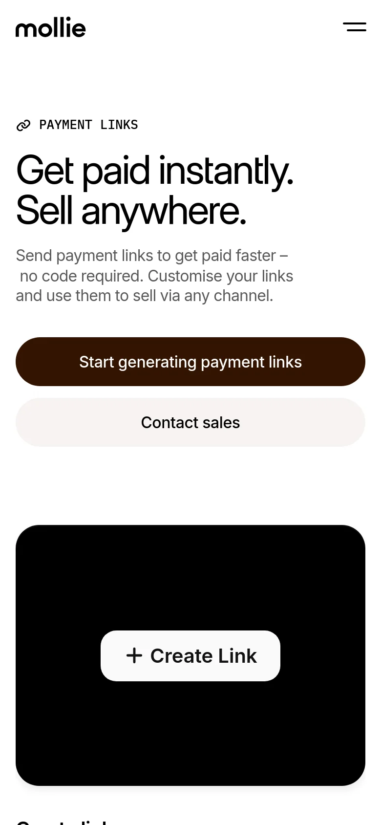 The mobile version presents a vertically stacked layout with the Mollie logo and a hamburger menu at the top. The headline and description are centered, followed by two large, full-width buttons for 'Start generating payment links' and 'Contact sales'. A single large black card with a white '+ Create Link' button is visible below the buttons.