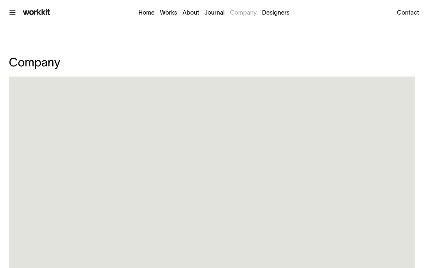 The desktop About page features a clean, minimalist layout with a white background and black text. A large 'Company' headline is followed by a wide hero image of a modern, bright office space with wooden shelving and people working. Below, the 'Outline' section presents company details like name and address in a structured list format.