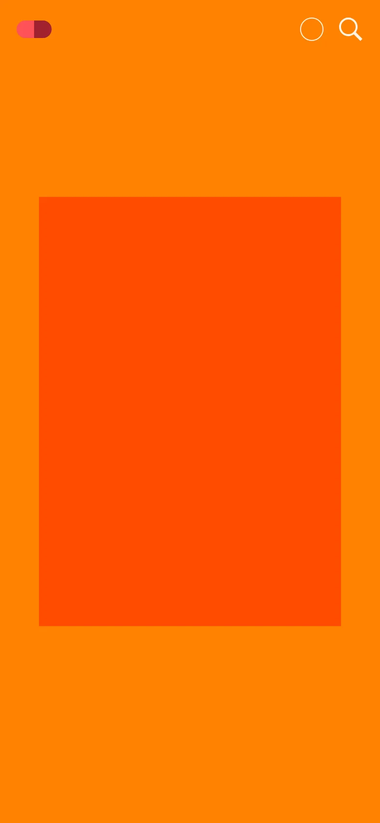 The mobile version maintains the bright orange background but shifts the layout to a vertical stack. The magazine cover is replaced by a large, solid orange rectangular block, and the navigation icons are repositioned at the top of the screen.