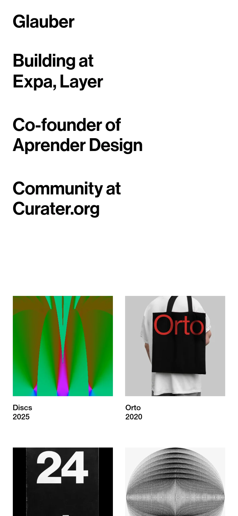 The mobile version maintains the minimalist white and black theme but uses a single-column vertical layout. The professional bio text is stacked at the top, followed by a vertical scroll of large project images and titles, making the content easier to navigate on a small screen.