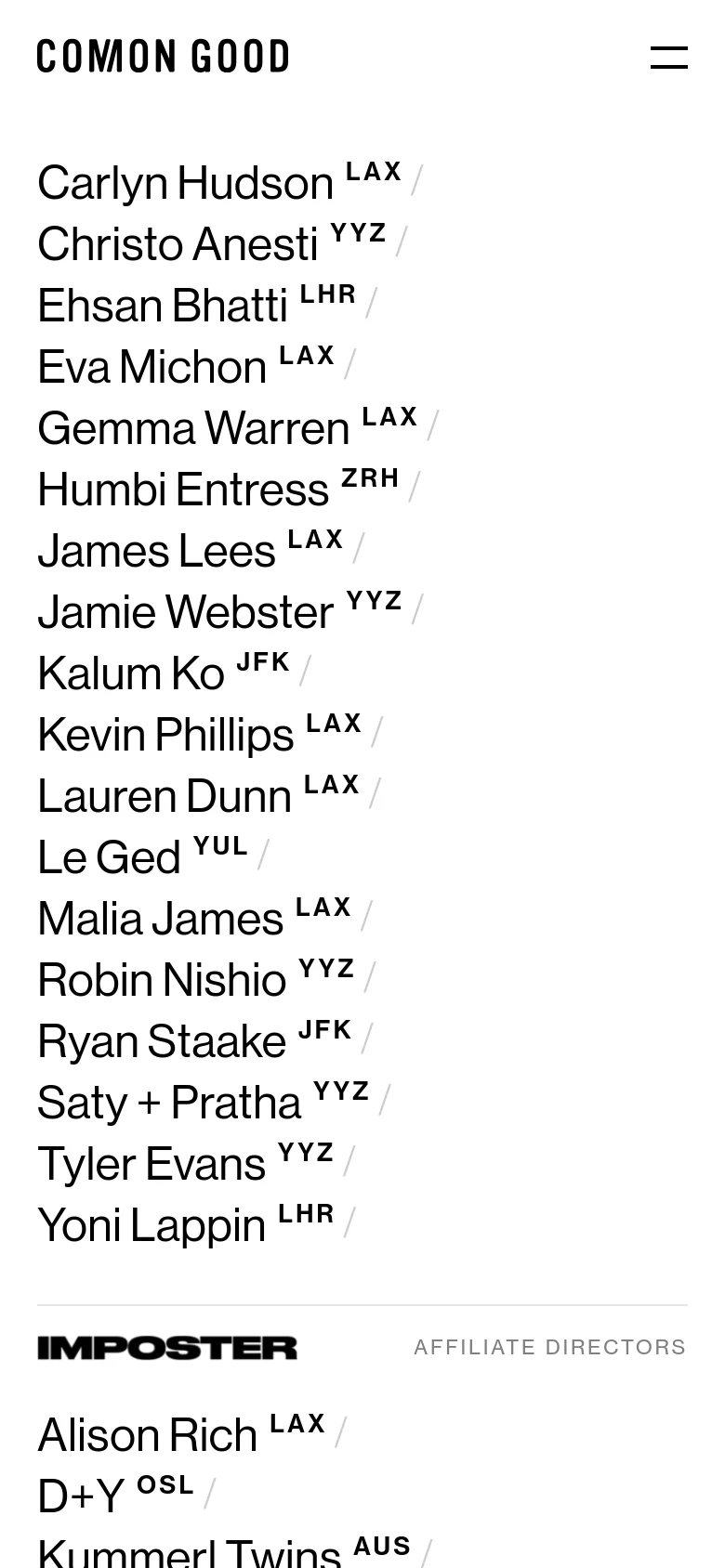 The mobile version maintains the minimalist black-on-white aesthetic but uses a condensed single-column layout for the lists of names. The navigation menu is replaced by a hamburger icon in the top right, and the image gallery is stacked vertically for easier scrolling.