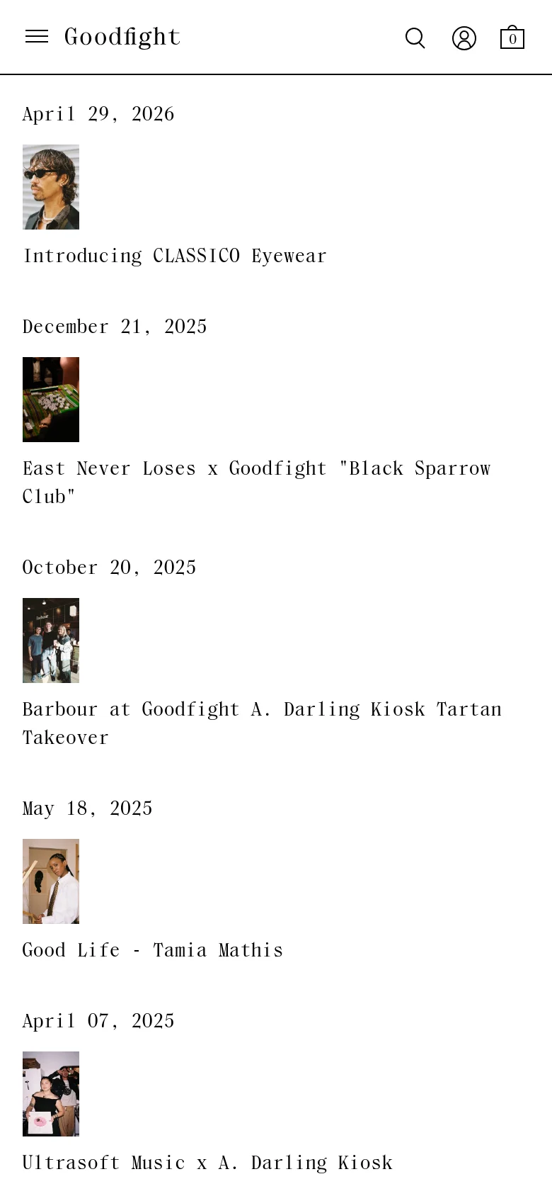 The mobile version displays a single-column vertical feed of blog posts. Each post consists of a date, a square thumbnail image, and a text headline stacked vertically. The header is condensed with a hamburger menu, the Goodfight logo, a search icon, a user profile icon, and a shopping bag icon.