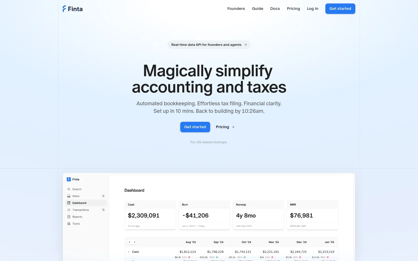 Desktop homepage for Finta featuring a clean, white and light blue layout. The hero section displays the headline 'Magically simplify accounting and taxes' above a description and blue 'Get started' and 'Pricing' buttons, followed by a large dashboard UI screenshot. Below the hero, a 'Trusted by fast-growing startups' section displays a grid of various company logos.