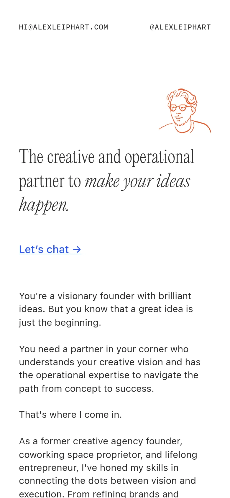 The mobile version features a centered layout with the orange line drawing at the top. The headline 'The creative and operational partner to make your ideas happen' is prominently displayed in the center, followed by the 'Let's chat' link and body text, which are stacked vertically for easier reading on a smaller screen.