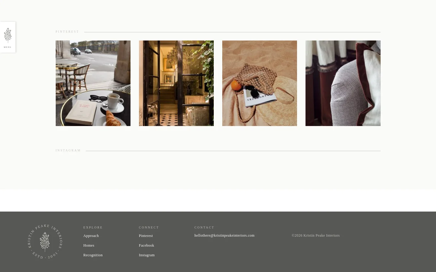 The Inspiration page features a minimalist white background with a Pinterest section displaying a horizontal grid of four lifestyle images, including cafe scenes and interior details. Below, an Instagram section is currently empty due to a technical error. The desktop layout uses a wide, airy arrangement with a dark footer containing site navigation and contact information.