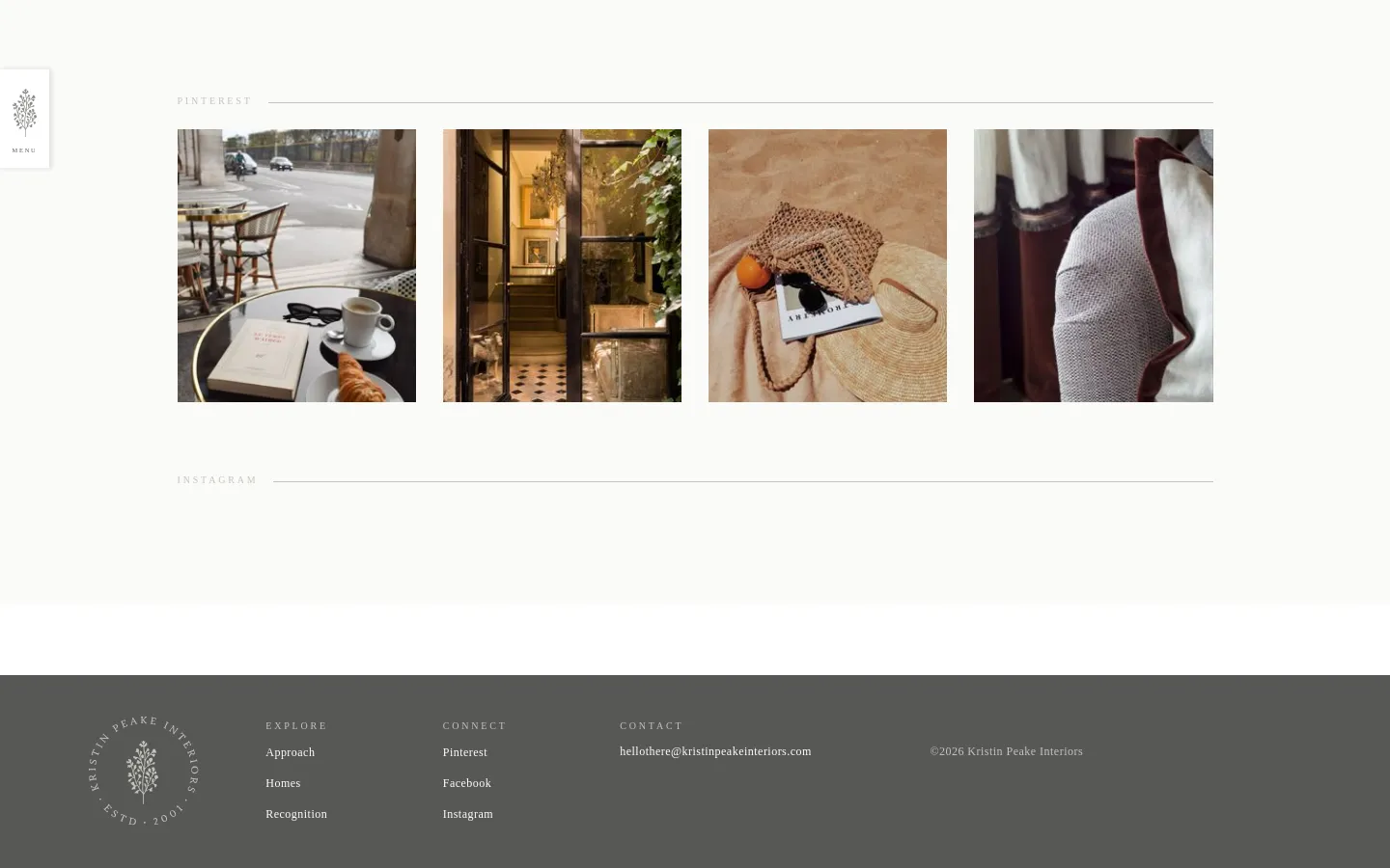 The Inspiration page features a minimalist white background with a Pinterest section displaying a horizontal grid of four lifestyle images, including cafe scenes and interior details. Below, an Instagram section is currently empty due to a technical error. The desktop layout uses a wide, airy arrangement with a dark footer containing site navigation and contact information.