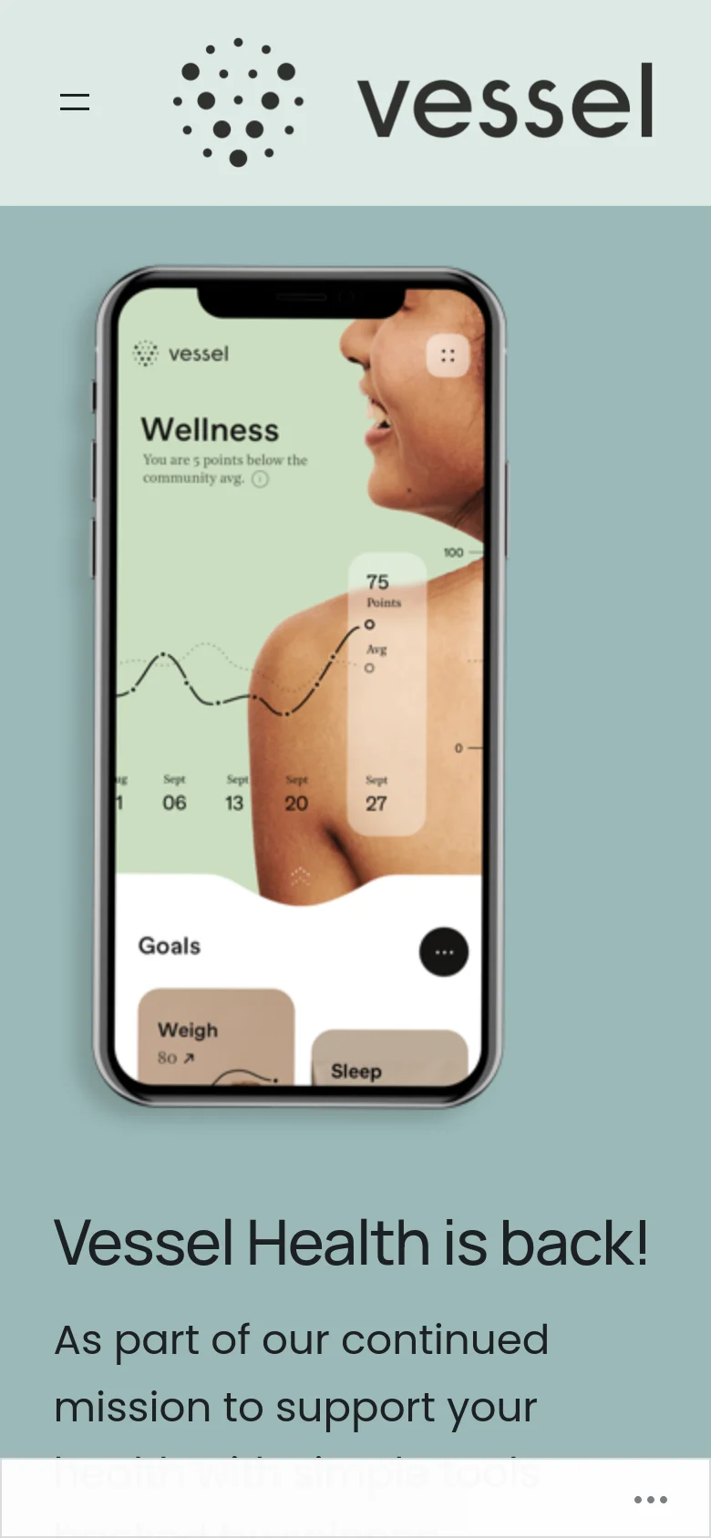 The mobile version uses a single-column layout optimized for vertical scrolling. The header is condensed with a hamburger menu icon and the Vessel logo, while the hero section centers the smartphone mockup above the 'Vessel Health is back!' headline and 'Sign Up' button.