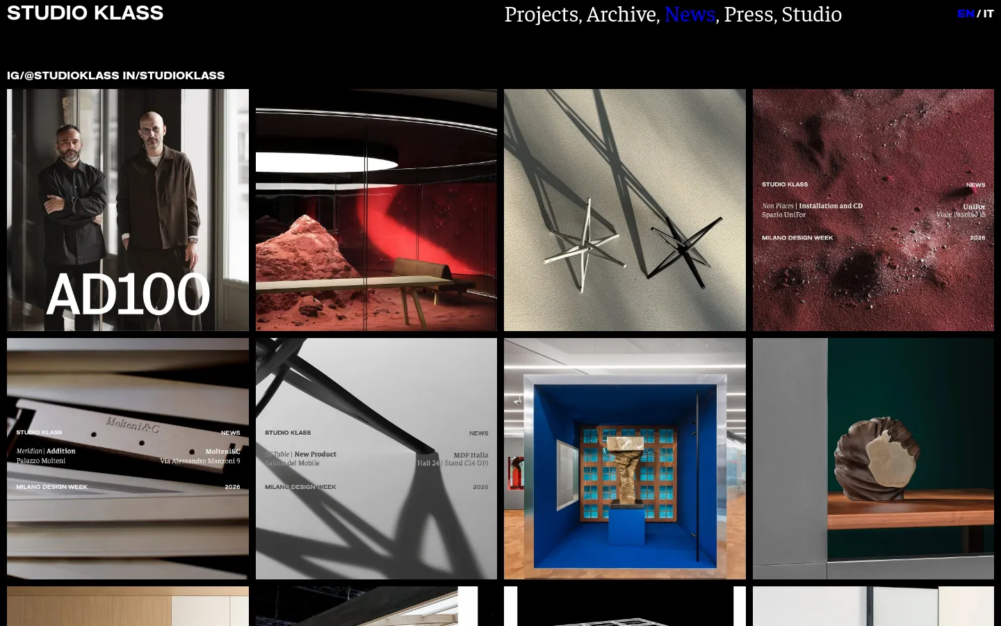 The desktop News page features a minimalist black header with the Studio Klass logo and navigation links. Below, a grid of large, high-quality rectangular images showcases various design projects, with white text overlays like 'AD100' and 'MILANO DESIGN WEEK' appearing on specific tiles. The layout is clean and modern, utilizing a dark aesthetic with high-contrast photography.