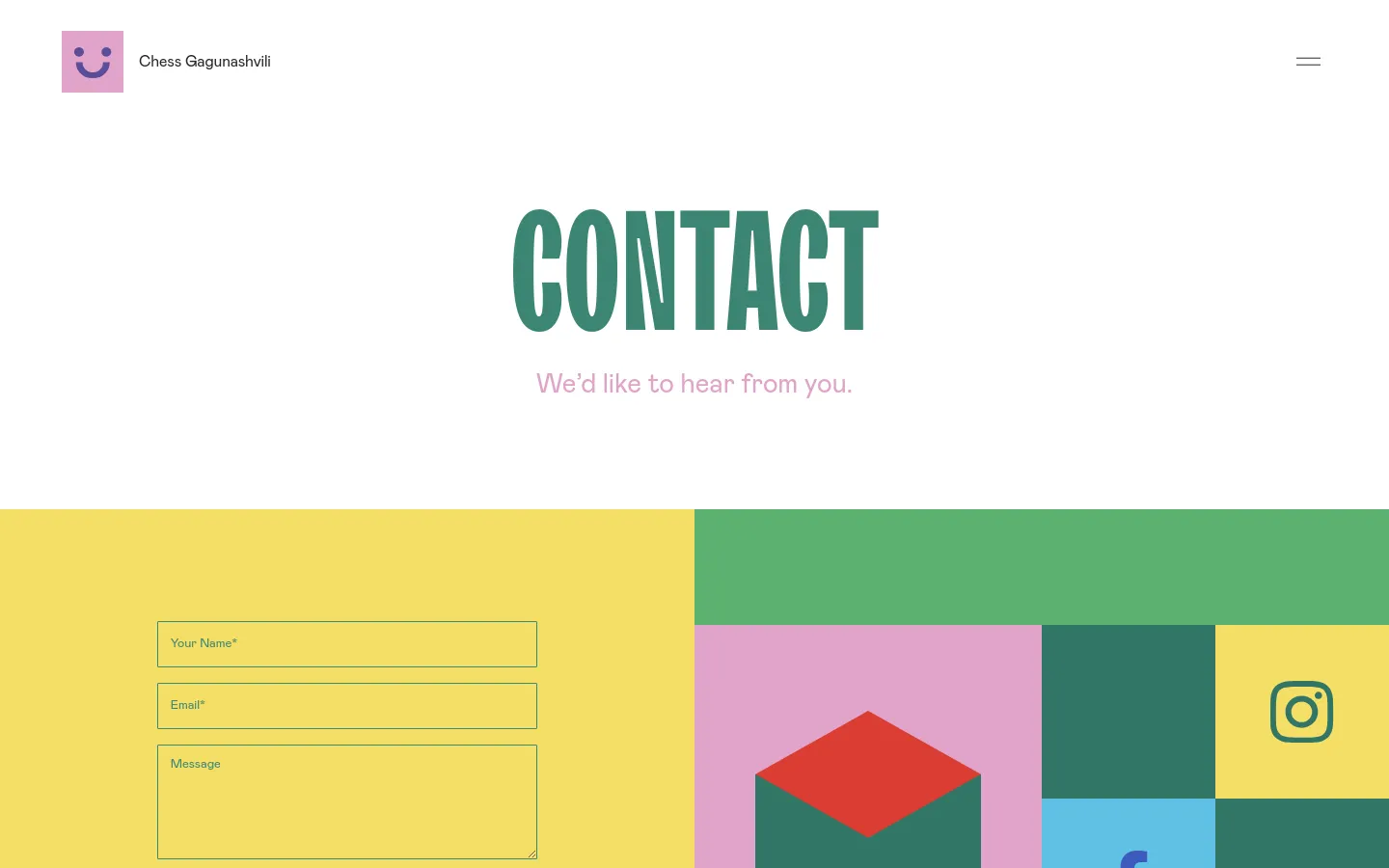 The desktop Contact page features a minimalist white header with a purple smiley face logo and a large, teal 'CONTACT' headline. Below the headline, a yellow section contains a contact form with fields for Name, Email, and Message, positioned next to a colorful geometric grid of green, pink, and teal blocks.