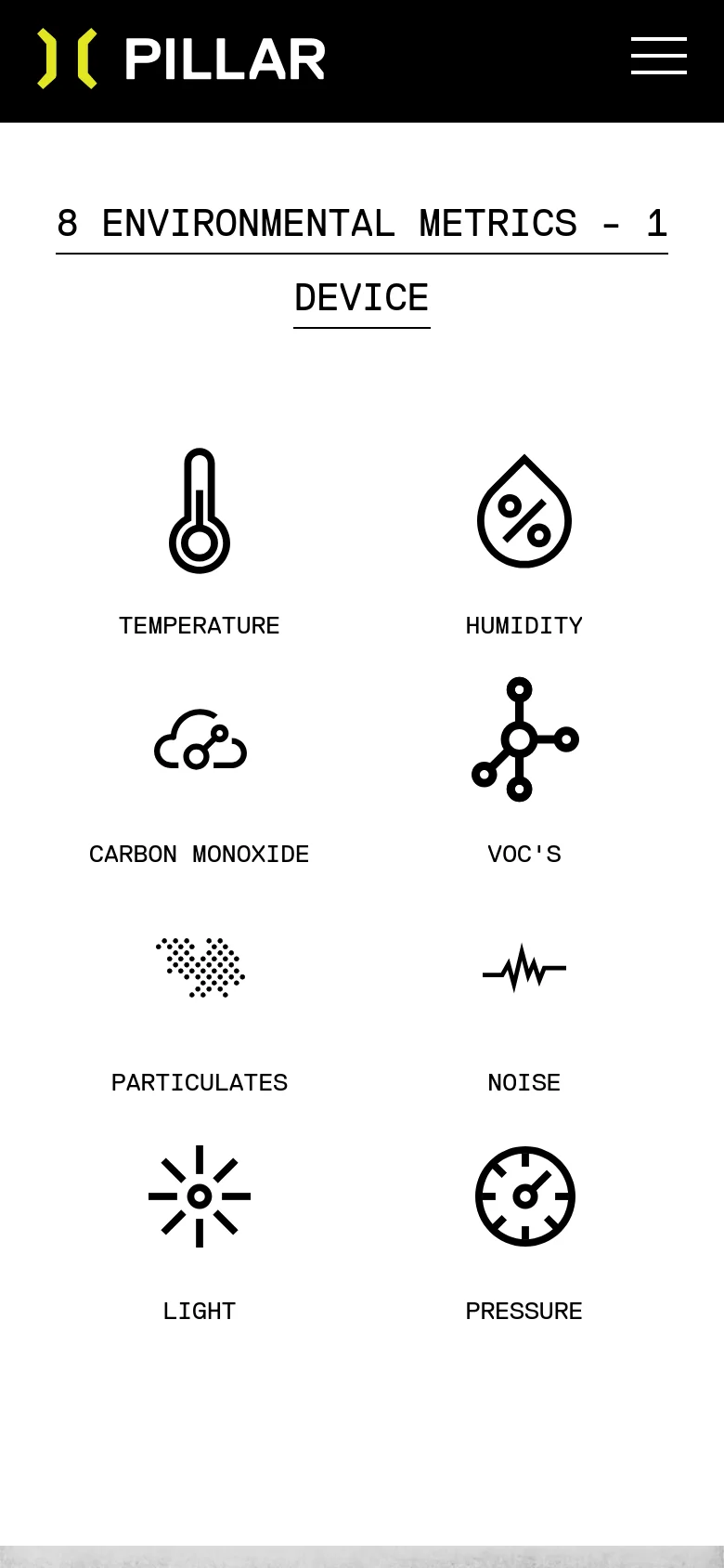 The mobile version uses a simplified vertical layout with a hamburger menu in the top right corner. The environmental metric icons are rearranged into a two-column grid to fit the narrower screen width, maintaining the high-contrast black and white aesthetic.