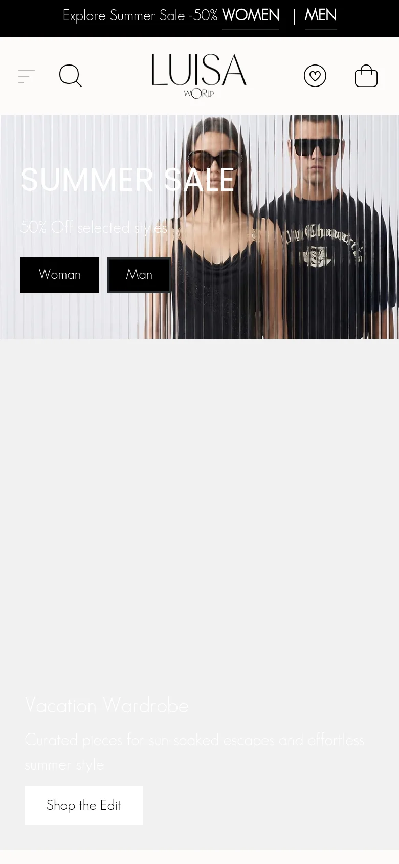 The mobile version uses a condensed header with a hamburger menu, search icon, the Luisa World logo, a wishlist heart, and a shopping bag. The hero section remains prominent, showing the 'SUMMER SALE' text and buttons over a large lifestyle image of two models, followed by a 'Vacation Wardrobe' section with a 'Shop the Edit' button.
