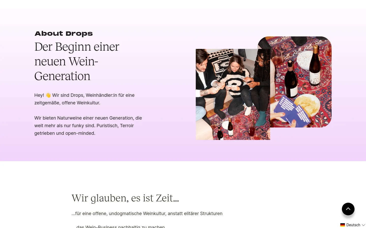 The desktop About page features a light lavender hero section with a large headline, 'About Drops: Der Beginn einer neuen Wein-Generation,' and introductory text. To the right, two overlapping lifestyle photographs show people socializing and enjoying wine on a patterned rug. The rest of the page uses a clean white background with dark serif headings and organized text sections.