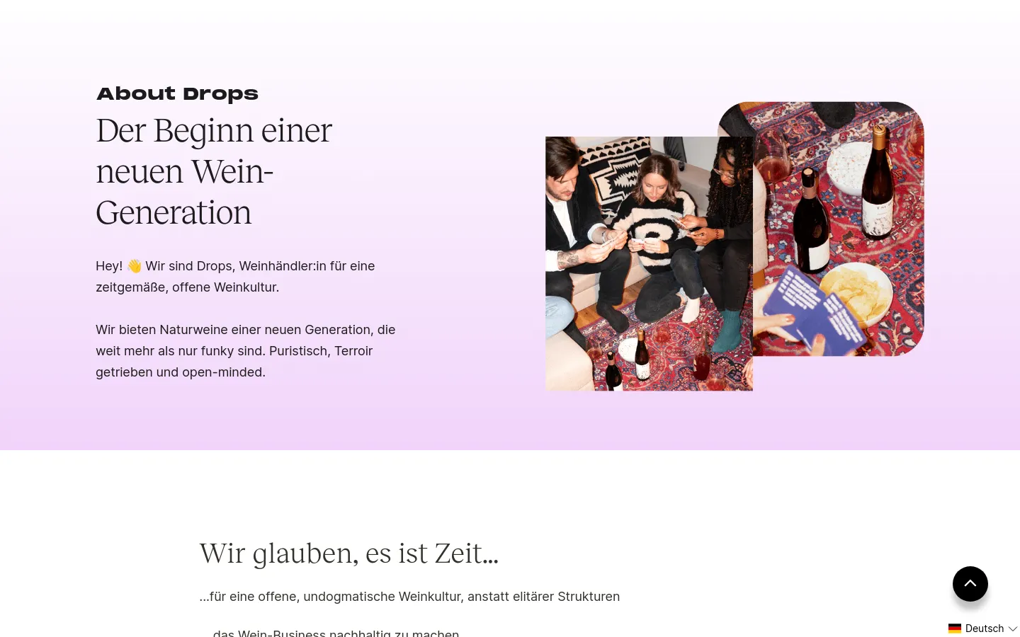The desktop About page features a light lavender hero section with a large headline, 'About Drops: Der Beginn einer neuen Wein-Generation,' and introductory text. To the right, two overlapping lifestyle photographs show people socializing and enjoying wine on a patterned rug. The rest of the page uses a clean white background with dark serif headings and organized text sections.