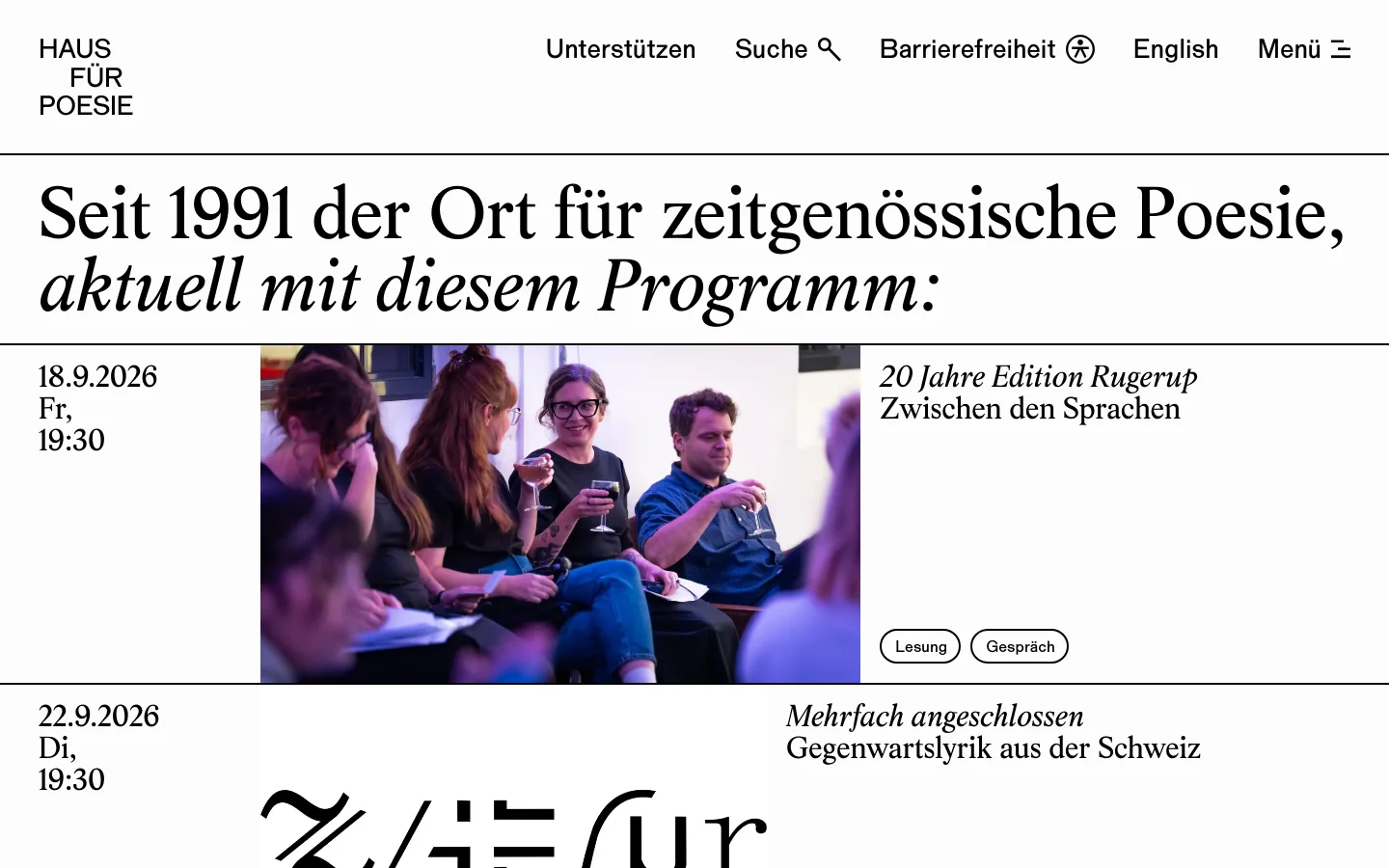 The desktop homepage for Haus für Poesie features a minimalist white background with black serif typography. A large headline introduces the current program, followed by a vertical list of events that include dates, large photographic preview images, event titles, and descriptive tags like 'Lesung' or 'Gespräch'. The navigation bar at the top includes links for support, search, accessibility, language selection, and a menu icon.