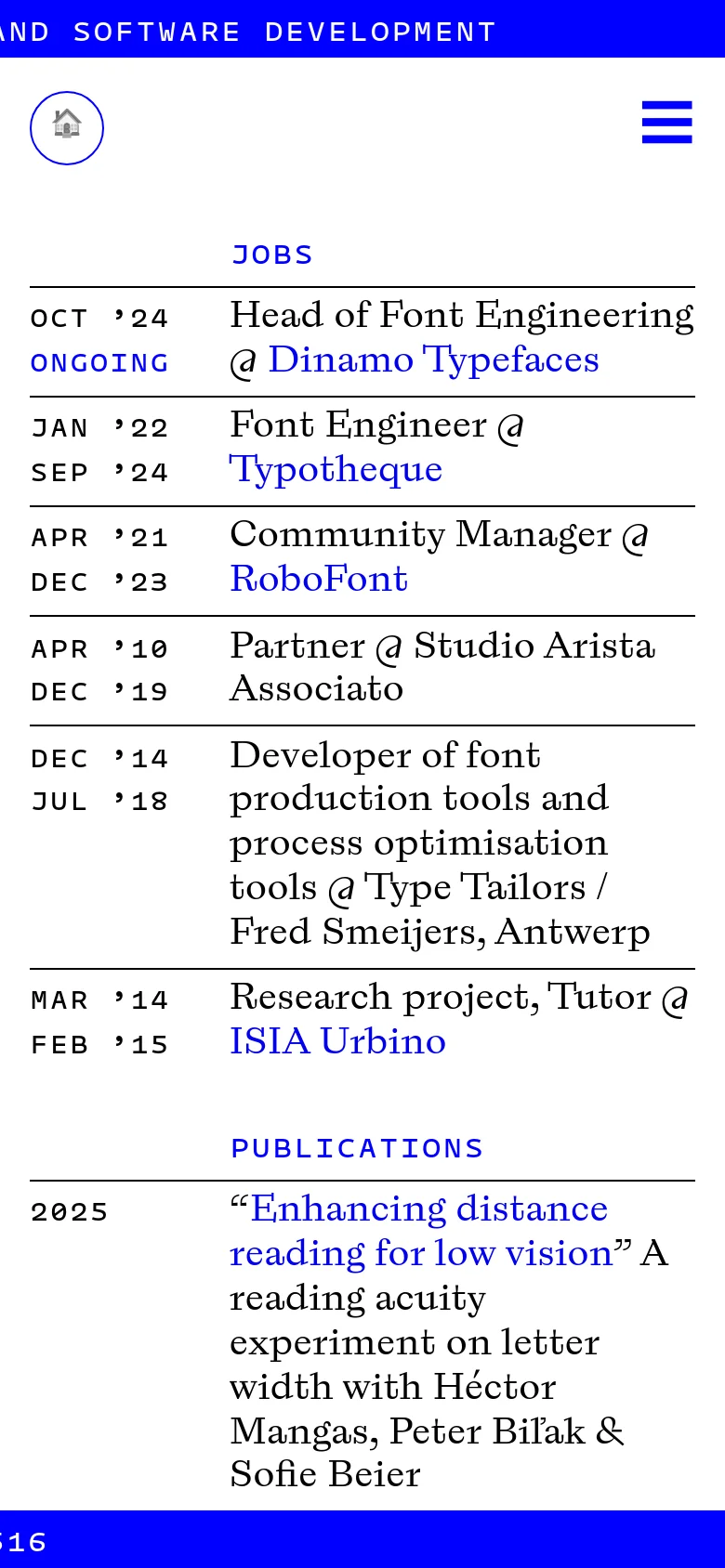 The mobile version of the resume page simplifies the layout into a single vertical column. The top navigation is replaced by a hamburger menu icon and a home icon, while the job and publication lists scale to fit the narrower screen width.