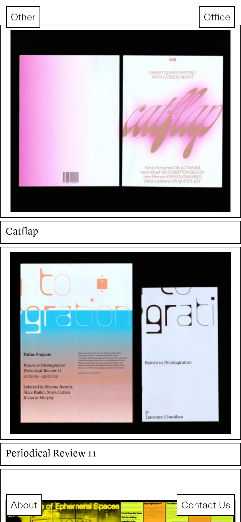 The mobile version maintains the minimalist aesthetic but organizes the content into a vertical, single-column scroll. Project tiles and text blocks are stacked sequentially, making the scattered collage layout from the desktop version more linear and easier to navigate on a small screen.