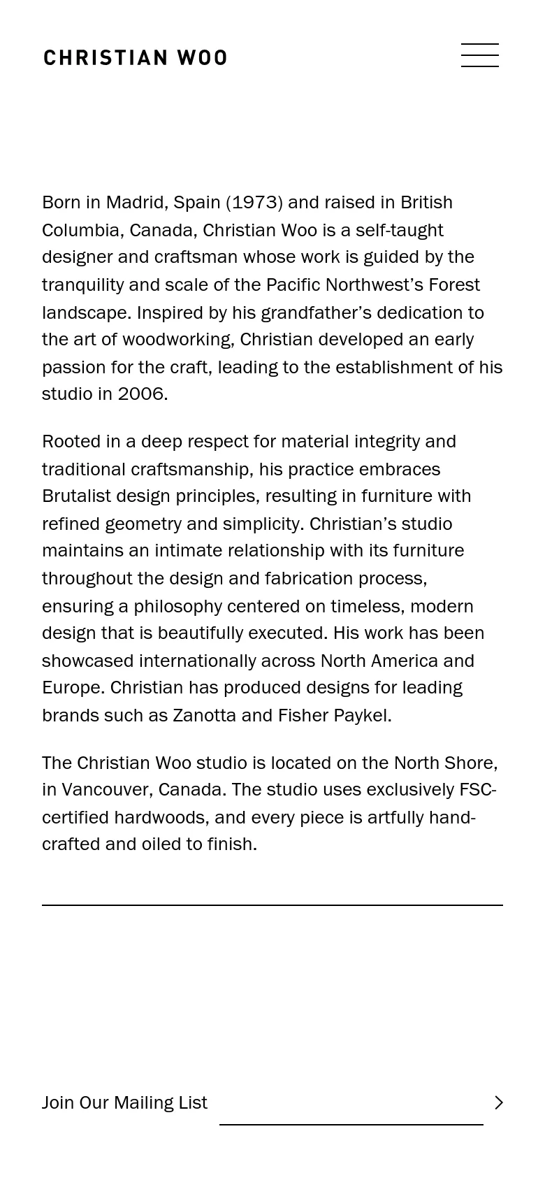 The mobile version presents a single-column layout with the biographical text stacked vertically. The large studio photograph is removed or repositioned, focusing on the typography and a minimalist header with a hamburger menu icon, maintaining a clean white and black aesthetic.