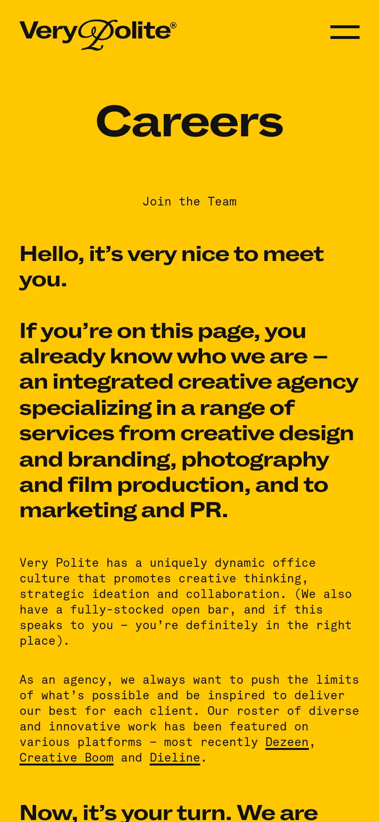 The mobile version maintains the bright yellow background and centered black typography. The layout is vertically stacked, with the logo and menu at the top, followed by the large 'Careers' heading and introductory text that spans the width of the screen.