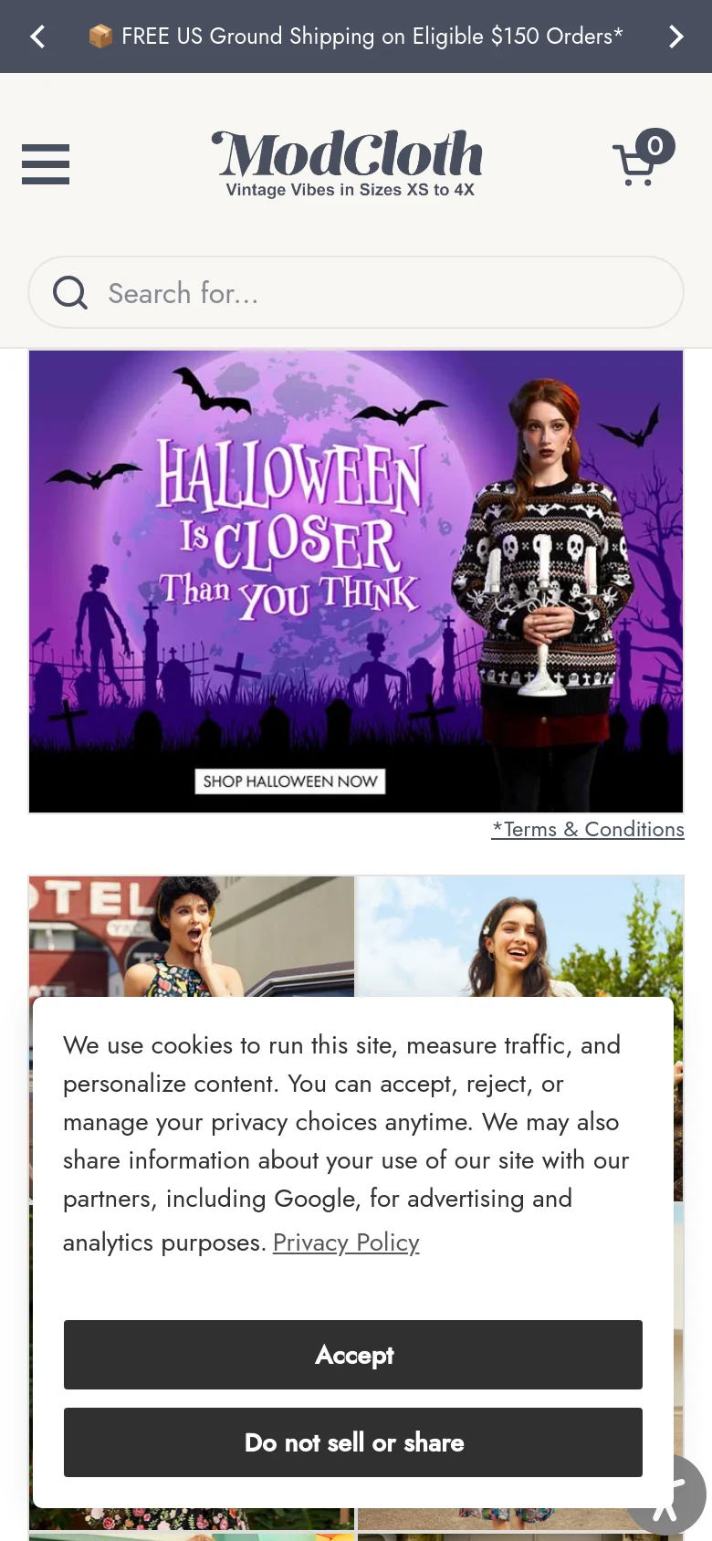 The mobile version displays a vertically stacked layout starting with a search bar and a hamburger menu. The Halloween hero banner is centered and occupies the full width of the screen, followed by a single-column scroll of product category images. A cookie consent pop-up covers the bottom half of the screen with 'Accept' and 'Do not sell or share' buttons.