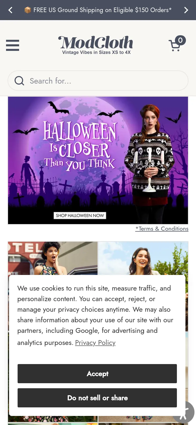 The mobile version displays a vertically stacked layout starting with a search bar and a hamburger menu. The Halloween hero banner is centered and occupies the full width of the screen, followed by a single-column scroll of product category images. A cookie consent pop-up covers the bottom half of the screen with 'Accept' and 'Do not sell or share' buttons.