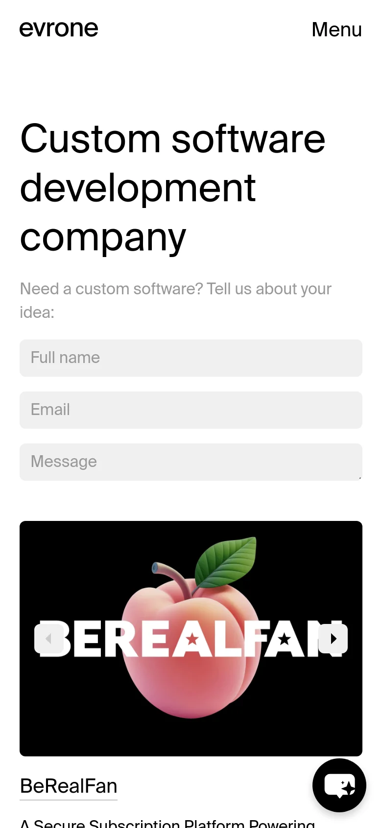 The mobile version shows a simplified layout with the Evrone logo and a 'Menu' button in the header. The hero section stacks the headline, contact form fields, and the large BeRealFan case study image vertically to fit the narrow screen width.