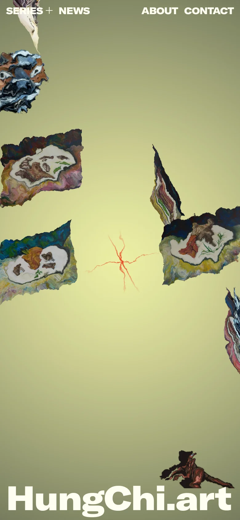 The mobile version maintains the sage green background and white typography but uses a vertical layout. The title 'HungChi.art' is positioned at the bottom, while the navigation links 'SERIES + NEWS' and 'ABOUT CONTACT' are at the top, with art fragments appearing in a single-column scroll.