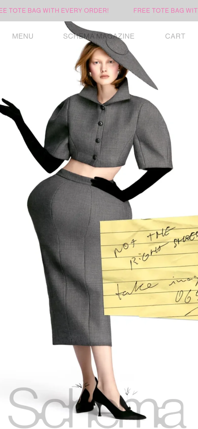 The mobile version presents a vertically oriented view with a single large image of a model in a grey cropped jacket and skirt wearing black gloves. The navigation is condensed into a 'MENU' button on the left, with 'SCHEMA MAGAZINE' centered and 'CART' on the right, maintaining the pink promotional banner at the top.