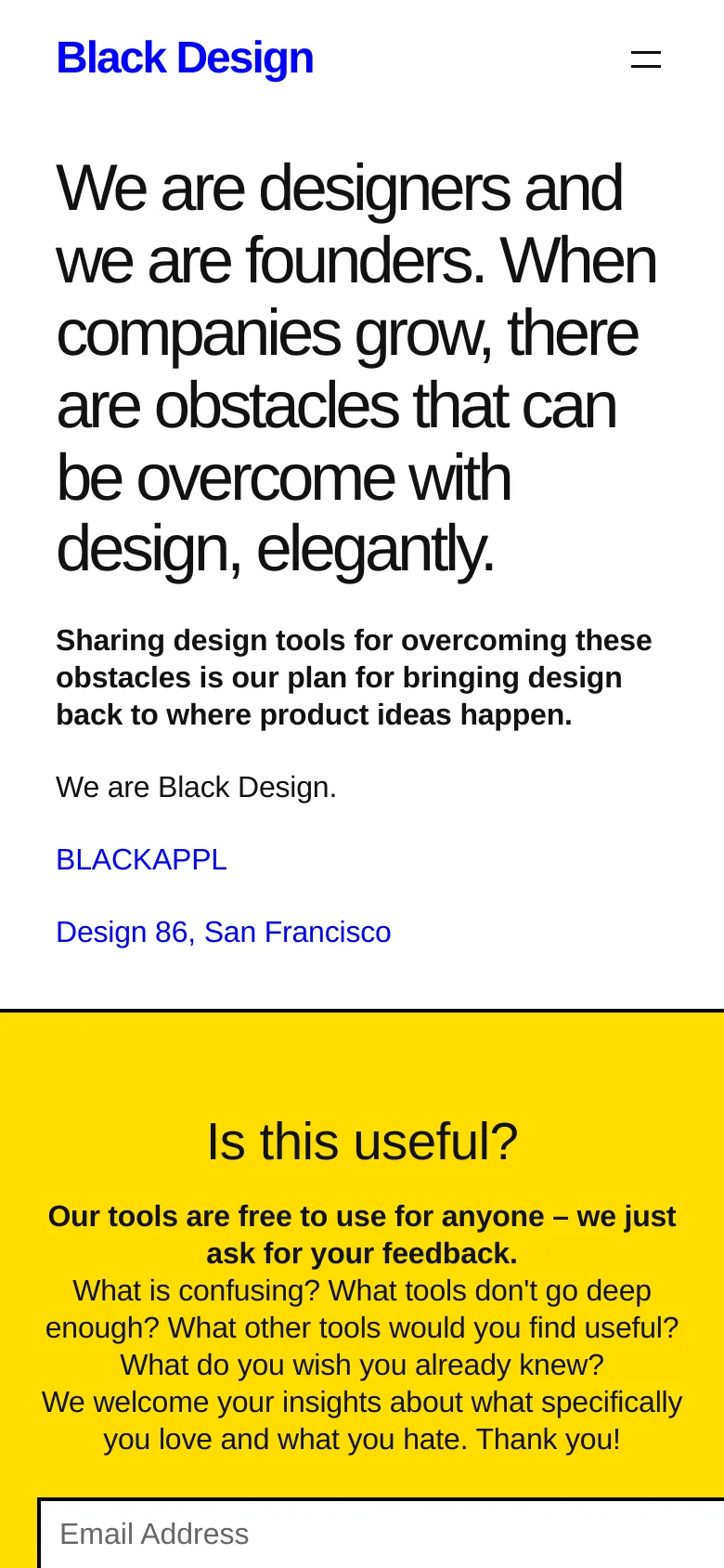 The mobile version maintains the minimalist white layout but stacks the large headline text vertically for readability. The bright yellow feedback section at the bottom spans the full width of the screen, featuring a simplified form and a centered 'Send Feedback' button.