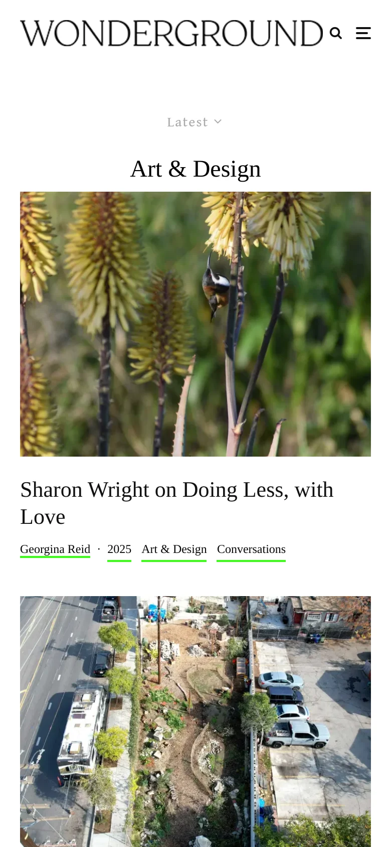 The mobile version presents a single-column vertical scroll of the Art & Design articles. The header is simplified with a hamburger menu and search icon, and the large article images and text occupy the full width of the screen for easier readability.