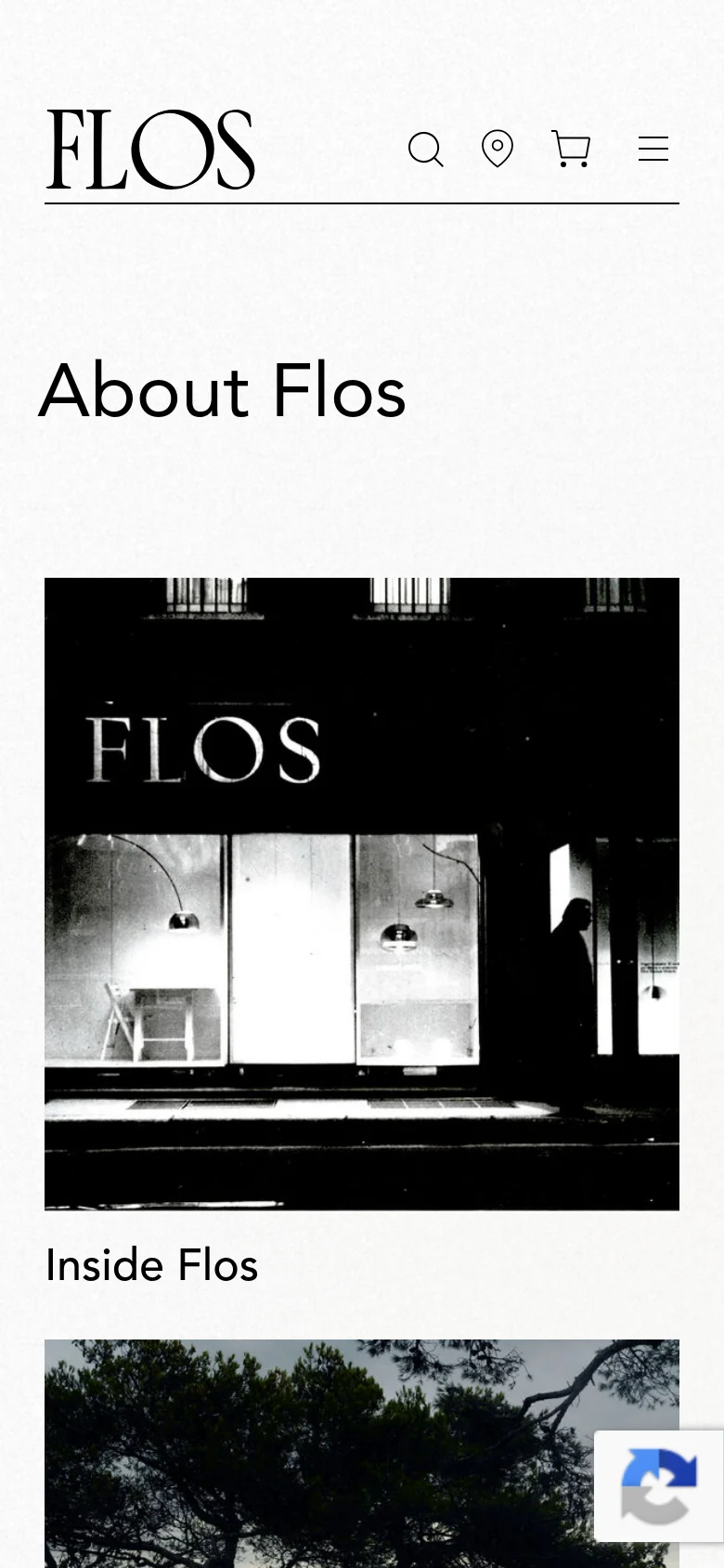 The mobile version presents a single-column vertical layout optimized for scrolling. The header is condensed with a hamburger menu icon alongside the Flos logo, search, store locator, and shopping cart. Large imagery and section headings like 'Inside Flos' are stacked vertically to fit the narrow screen width.