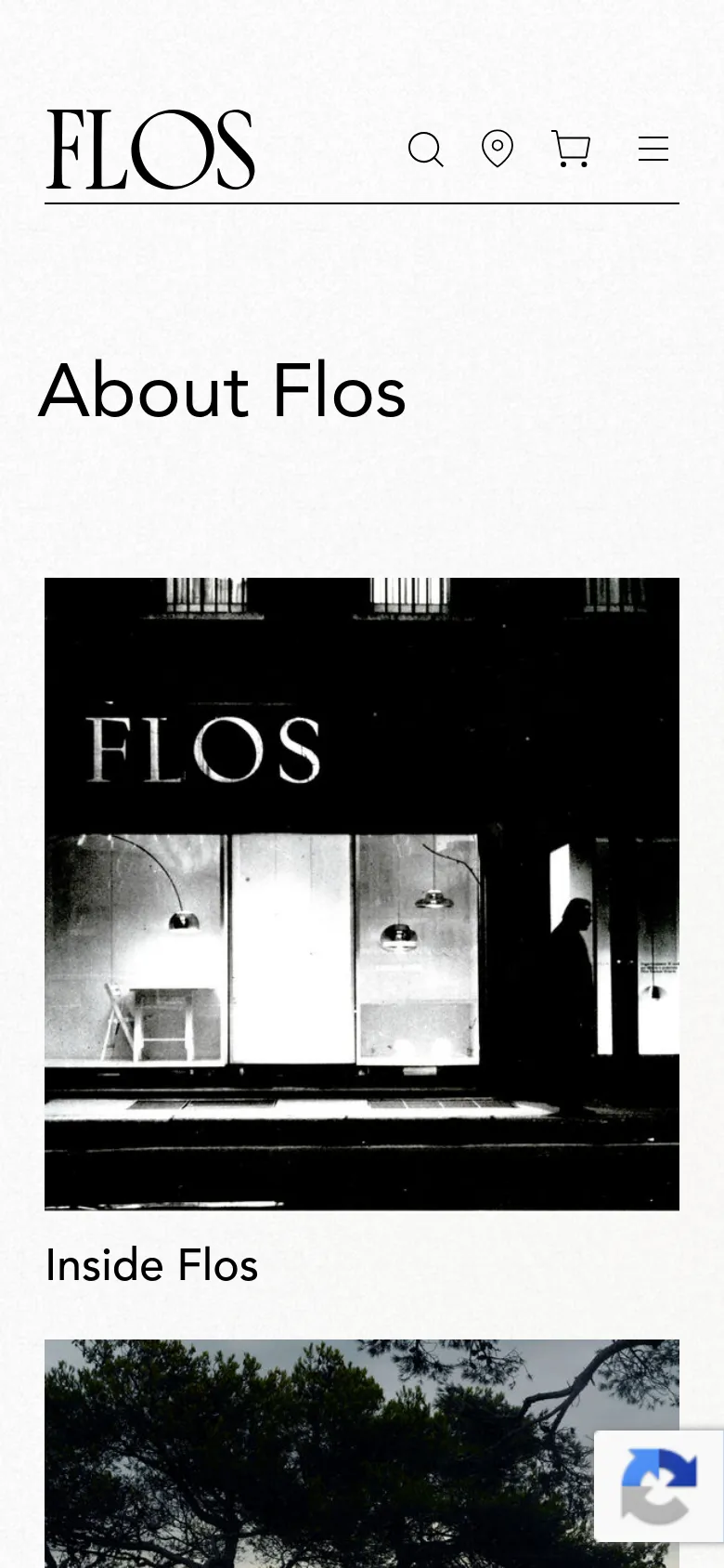 The mobile version presents a single-column vertical layout optimized for scrolling. The header is condensed with a hamburger menu icon alongside the Flos logo, search, store locator, and shopping cart. Large imagery and section headings like 'Inside Flos' are stacked vertically to fit the narrow screen width.