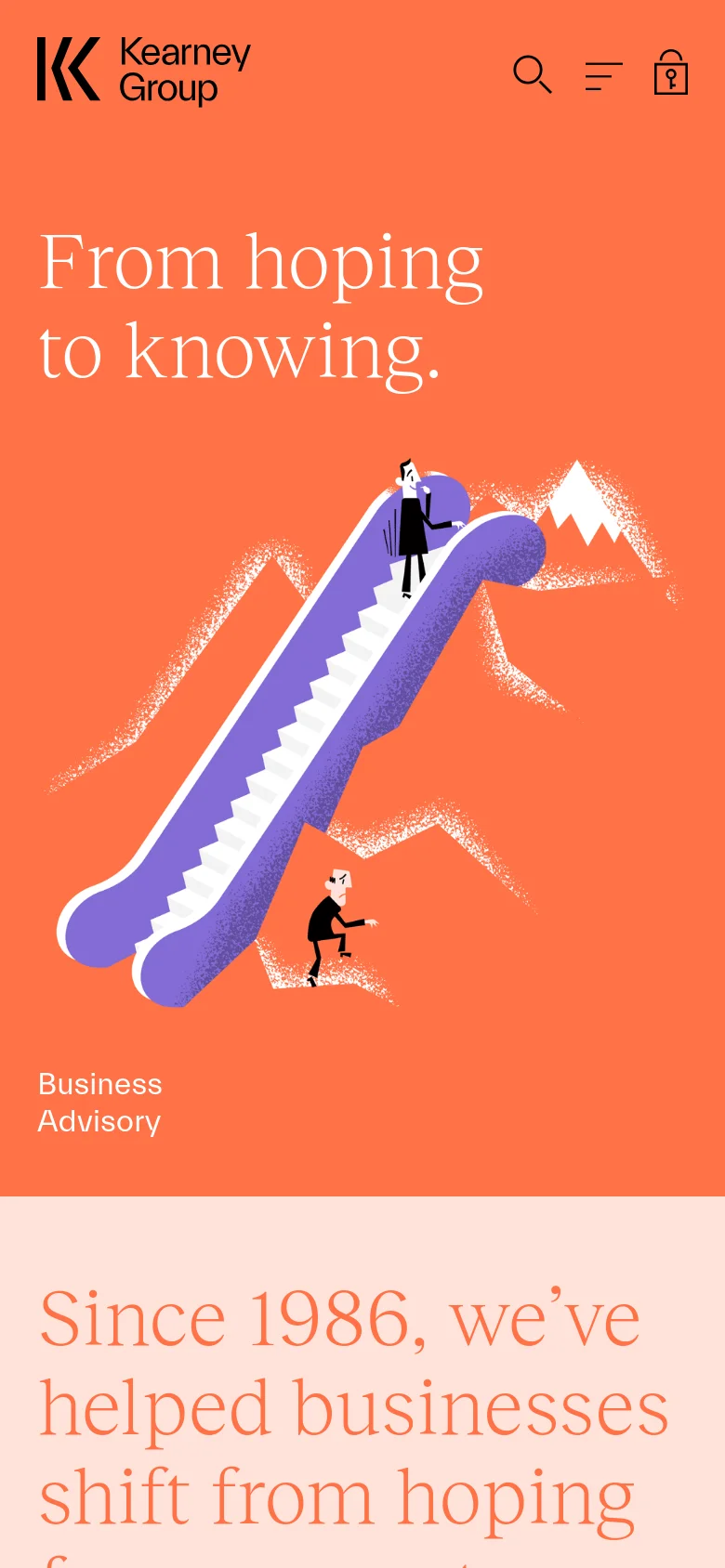The mobile version shows a condensed orange hero section with the same 'From hoping to knowing.' headline and escalator illustration. The navigation is simplified into a hamburger menu icon next to a search icon and a login icon, and the text below transitions into a single-column layout on a light pink background.