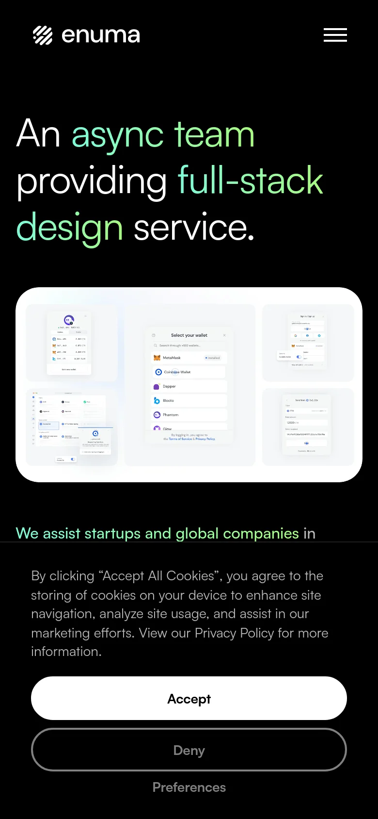 Mobile version of the Enuma homepage with a vertical layout. The hero headline is centered, followed by a large white card showcasing various mobile UI design mockups, and a hamburger menu icon is visible in the top right.