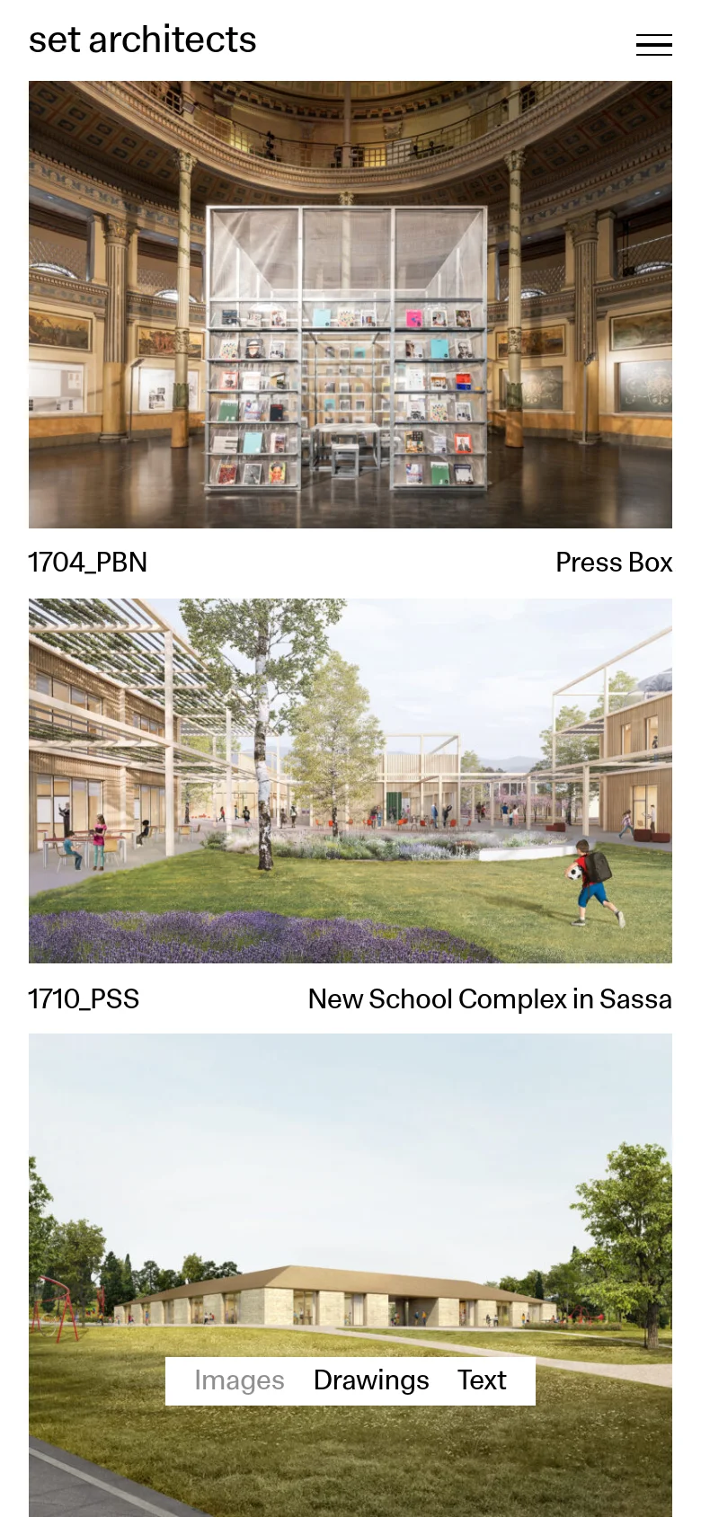 The mobile version presents a simplified vertical layout with a hamburger menu icon in the top right. The content consists of large, full-width architectural project images stacked vertically, each accompanied by project details like titles and locations in a clean, single-column format.