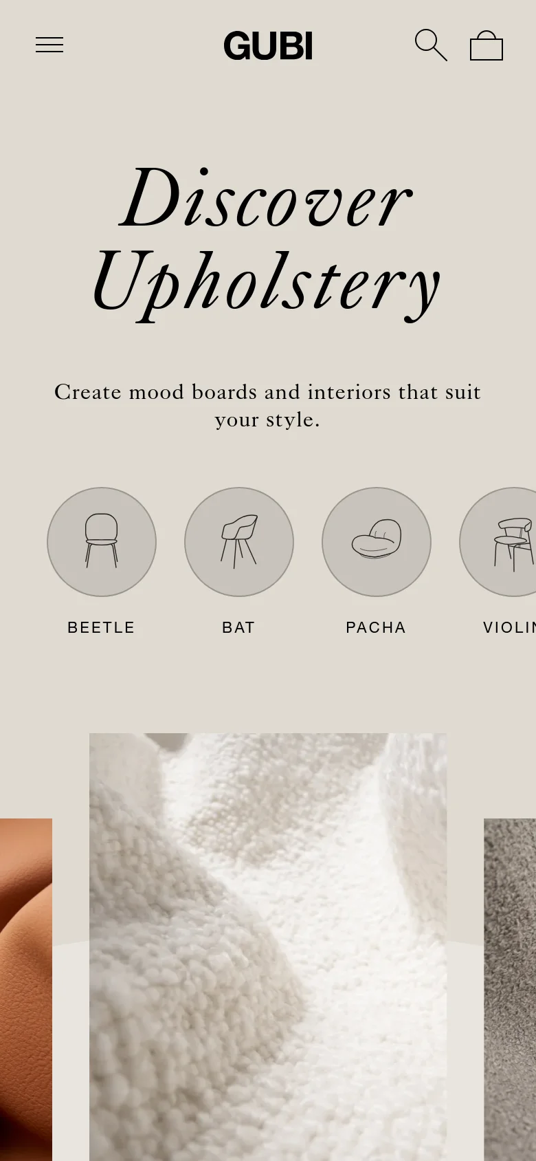 The mobile version maintains the beige color scheme and serif typography but stacks the content vertically. The headline 'Discover Upholstery' is larger and centered, followed by the subtext and a horizontally scrollable row of circular furniture icons. The navigation menu is condensed into a hamburger icon at the top left, with the GUBI logo, search, and shopping bag centered at the top.