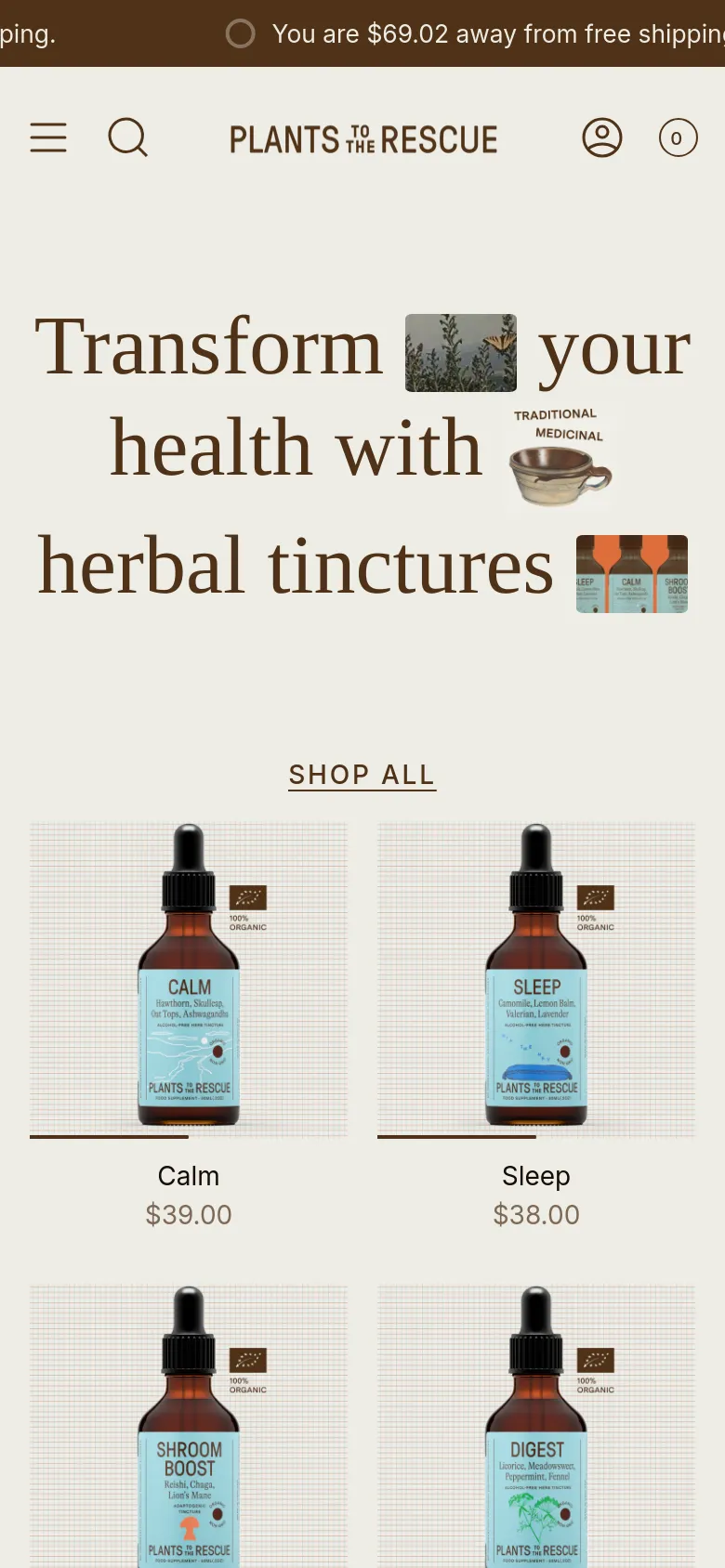 The mobile version uses a stacked layout with the headline and botanical GIFs centered at the top. The product grid transitions from four columns to a two-column layout to fit the narrower screen, maintaining the clean aesthetic and prominent product imagery.