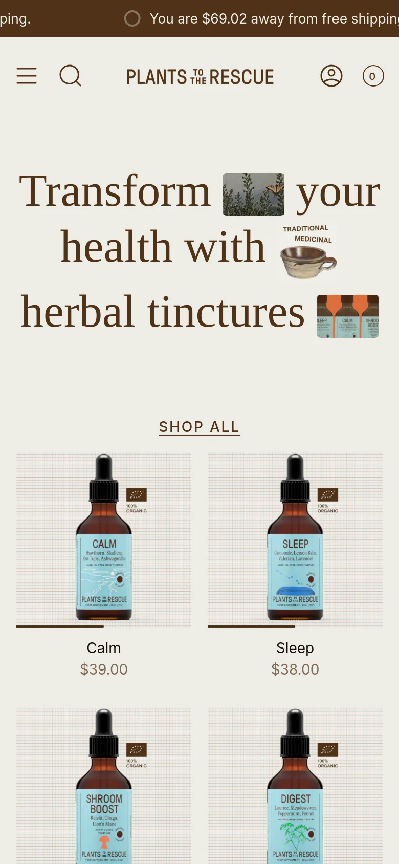 The mobile version uses a stacked layout with the headline and botanical GIFs centered at the top. The product grid transitions from four columns to a two-column layout to fit the narrower screen, maintaining the clean aesthetic and prominent product imagery.
