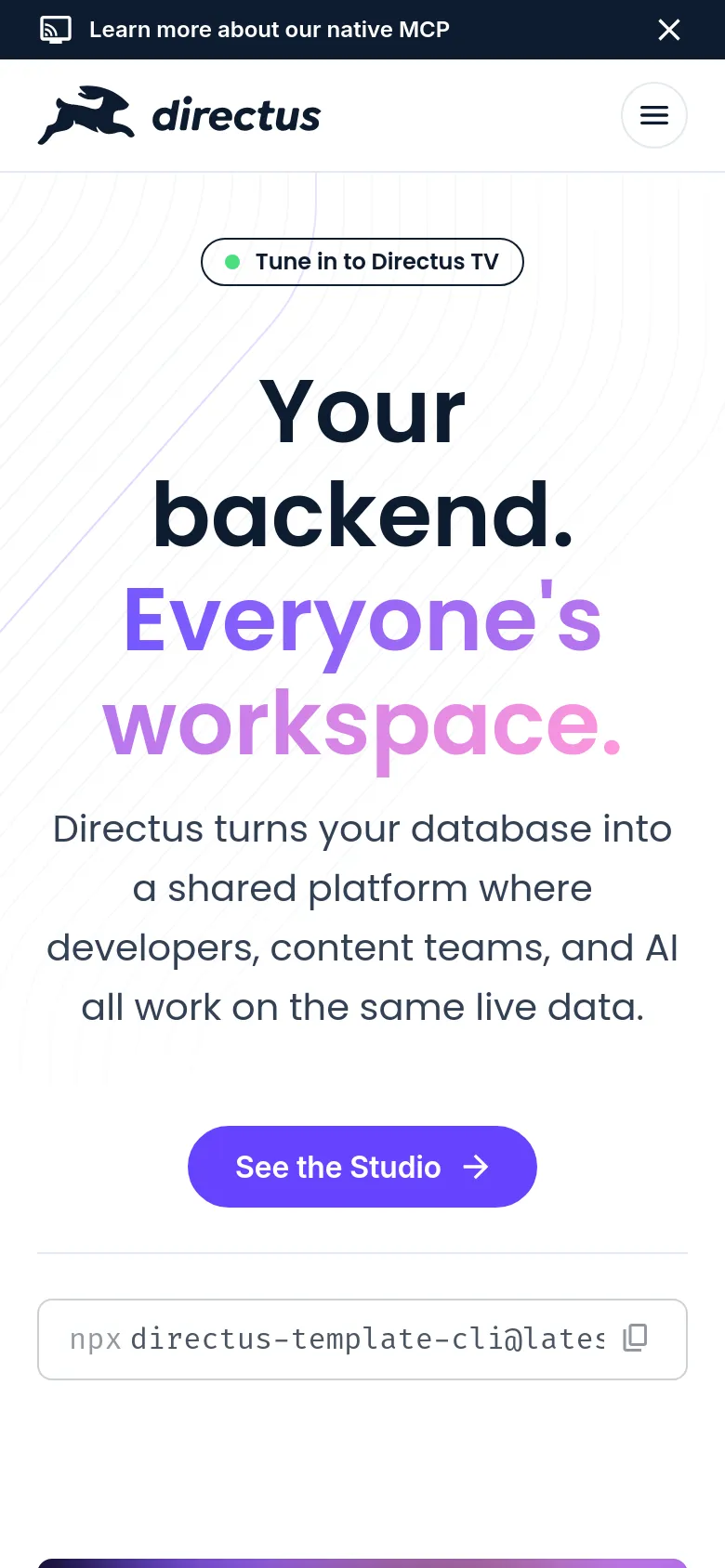 The mobile version simplifies the layout, centering the hero text and the purple 'See the Studio' button. The top navigation is replaced by a hamburger menu icon, and the dark banner at the top remains visible, prompting users to learn about native MCP.