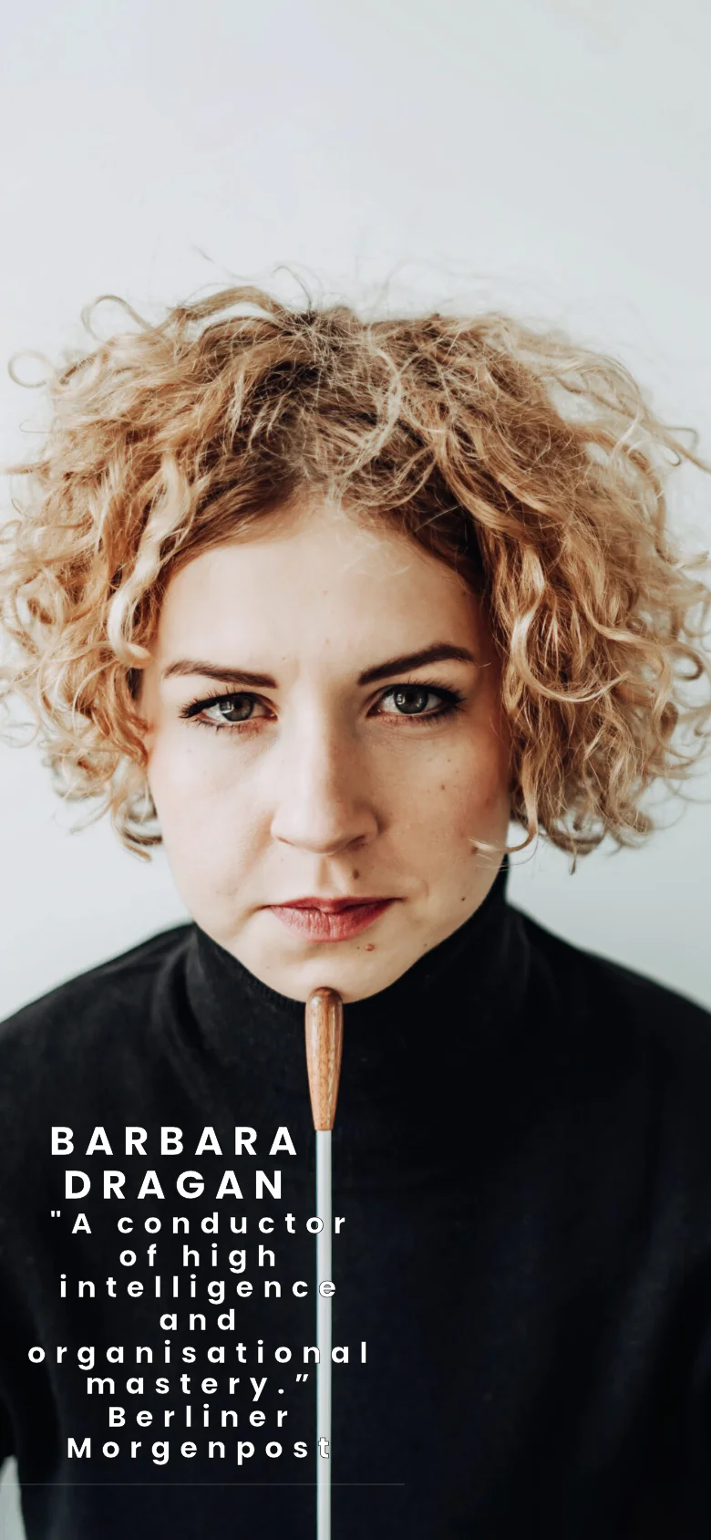 The mobile version presents a vertically cropped, close-up version of the hero image focusing on Barbara Dragan's face. The name and quote are repositioned to the bottom left of the screen, stacked vertically in a bold, serif font.