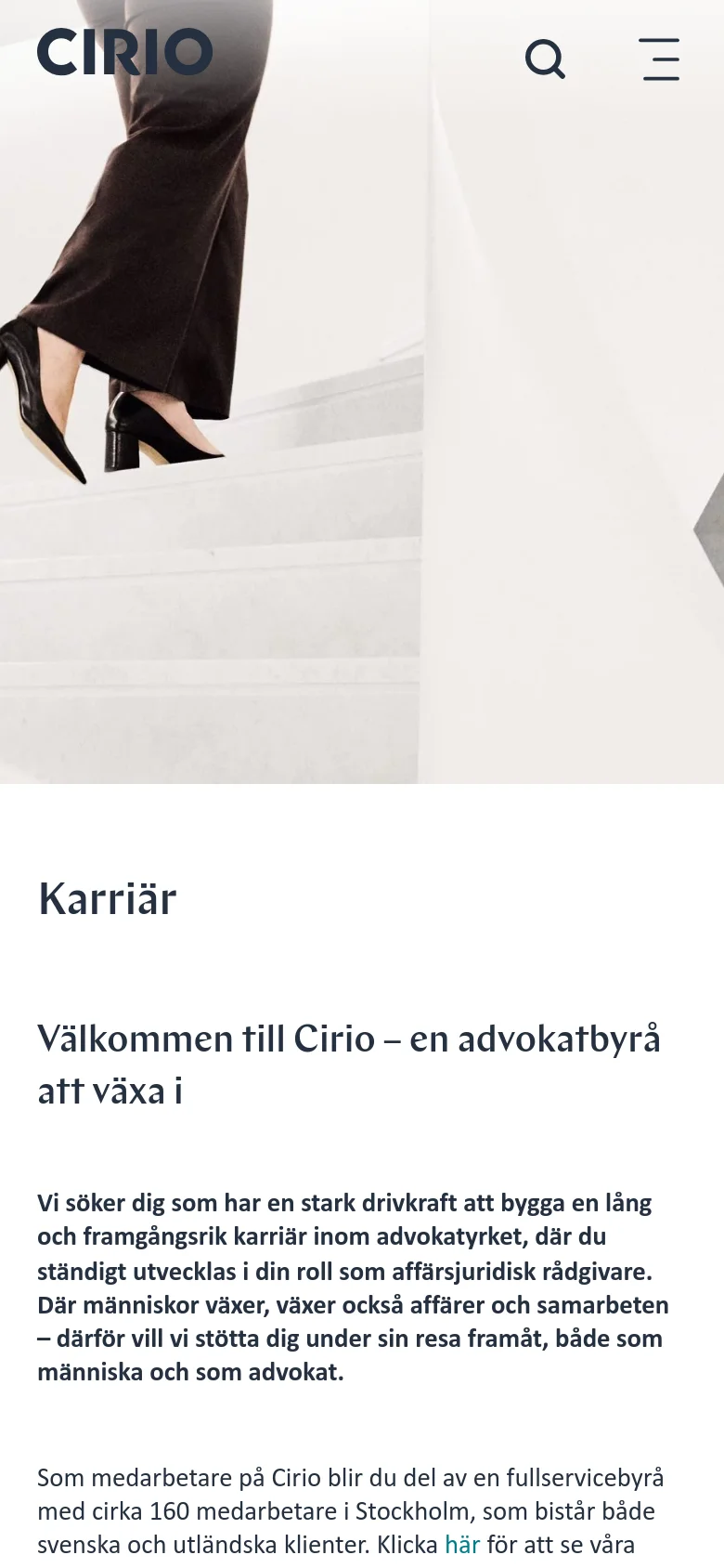 The mobile version presents a vertically stacked layout starting with a cropped version of the hero image showing the person's legs on the stairs. The navigation is condensed into a hamburger menu and a search icon at the top. The main content follows with the 'Karriär' headline and introductory text, with all sections flowing in a single column for easy scrolling.